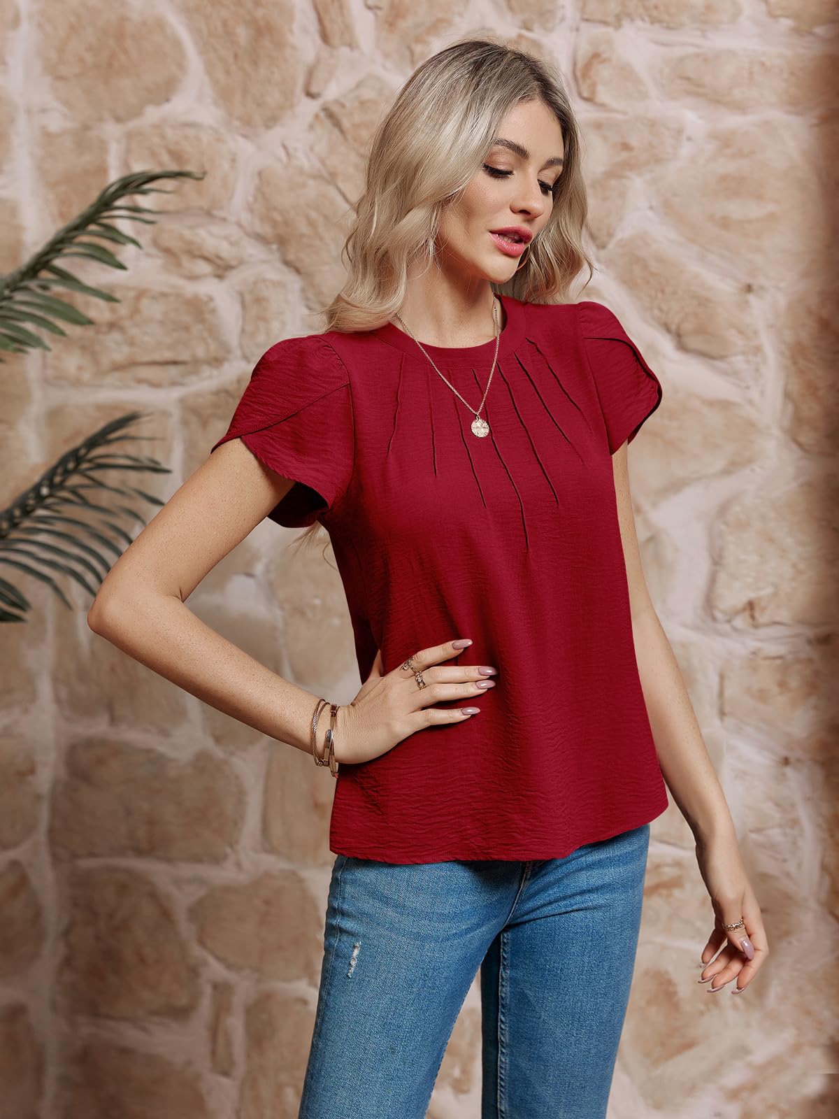 Yousify Women's Pleated Short Sleeve Blouse - Casual Basic Summer Tunic Top with Loose Fit & Petal Sleeves - Perfect for Office Wear, Date Night & Summer Outfits