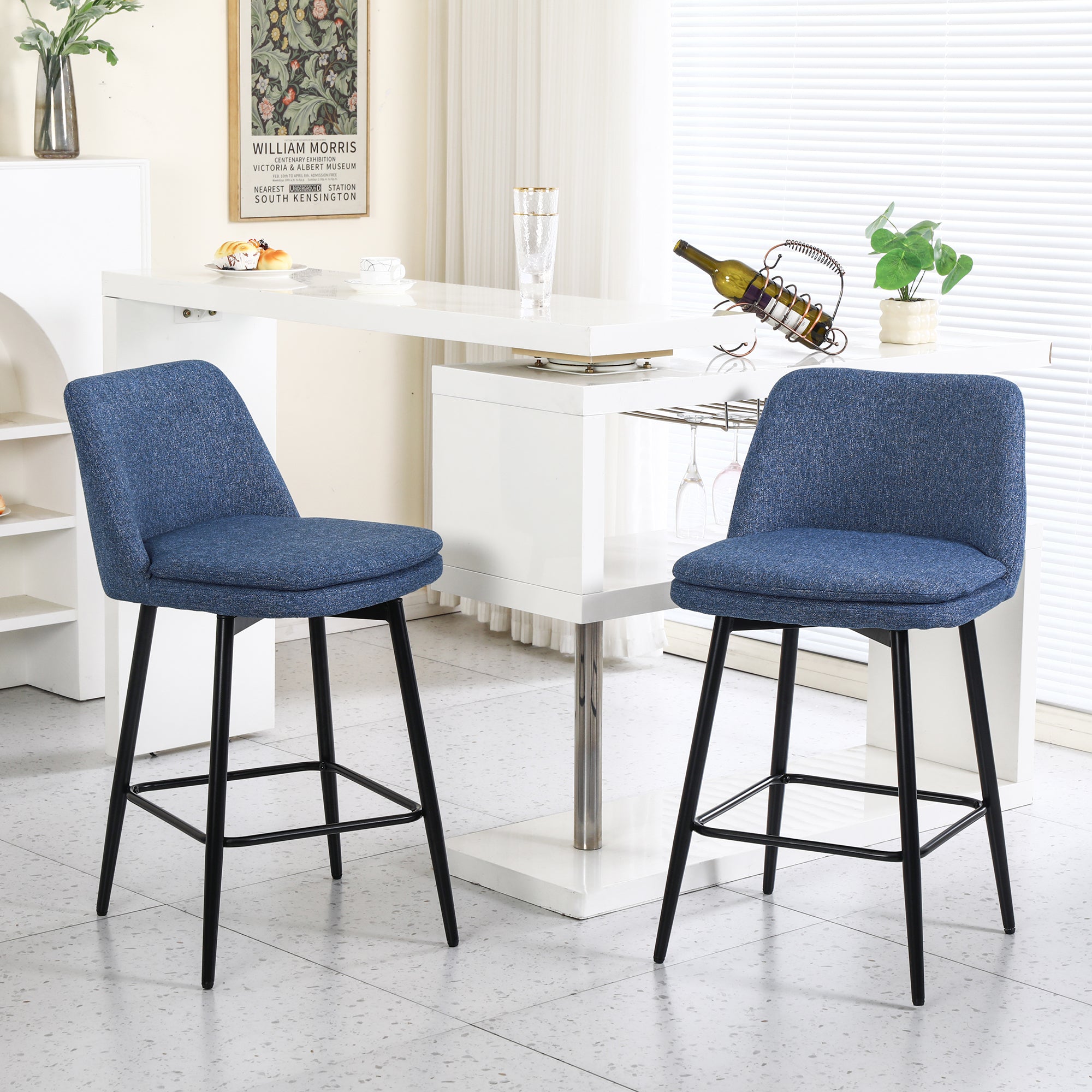 360° Swivel Counter Height Bar Stools Set of 2 - Upholstered with Back Support & Sturdy Metal Legs, 25.6