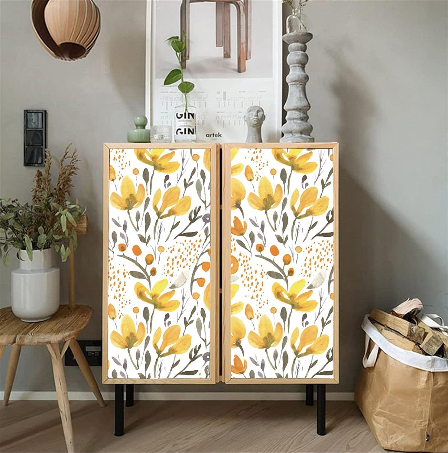 Yellow Floral Kapok Shelf Liner - Peel & Stick Drawer Sticker for Cabinets & Furniture, 17.7x9.8 ft - Perfect for Kitchen & Bathroom Organization