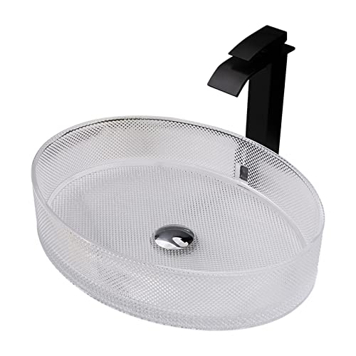LEFEDA Oval Crystal Tempered Glass Vessel Sink with Black Faucet and Drain Set - Modern Above Counter Bathroom Vanity Sink for Contemporary Home Decor, Perfect for Powder Rooms and Master Bathrooms