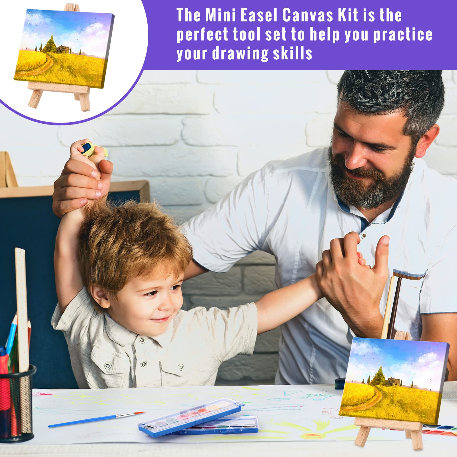 Fuutreo 24-Piece Kids Watercolor Paint Set with Mini Canvas Easel & Brushes - Washable Non-Toxic Art Supplies for Birthday Party Favors, Classroom Prizes, Creative Painting Activities