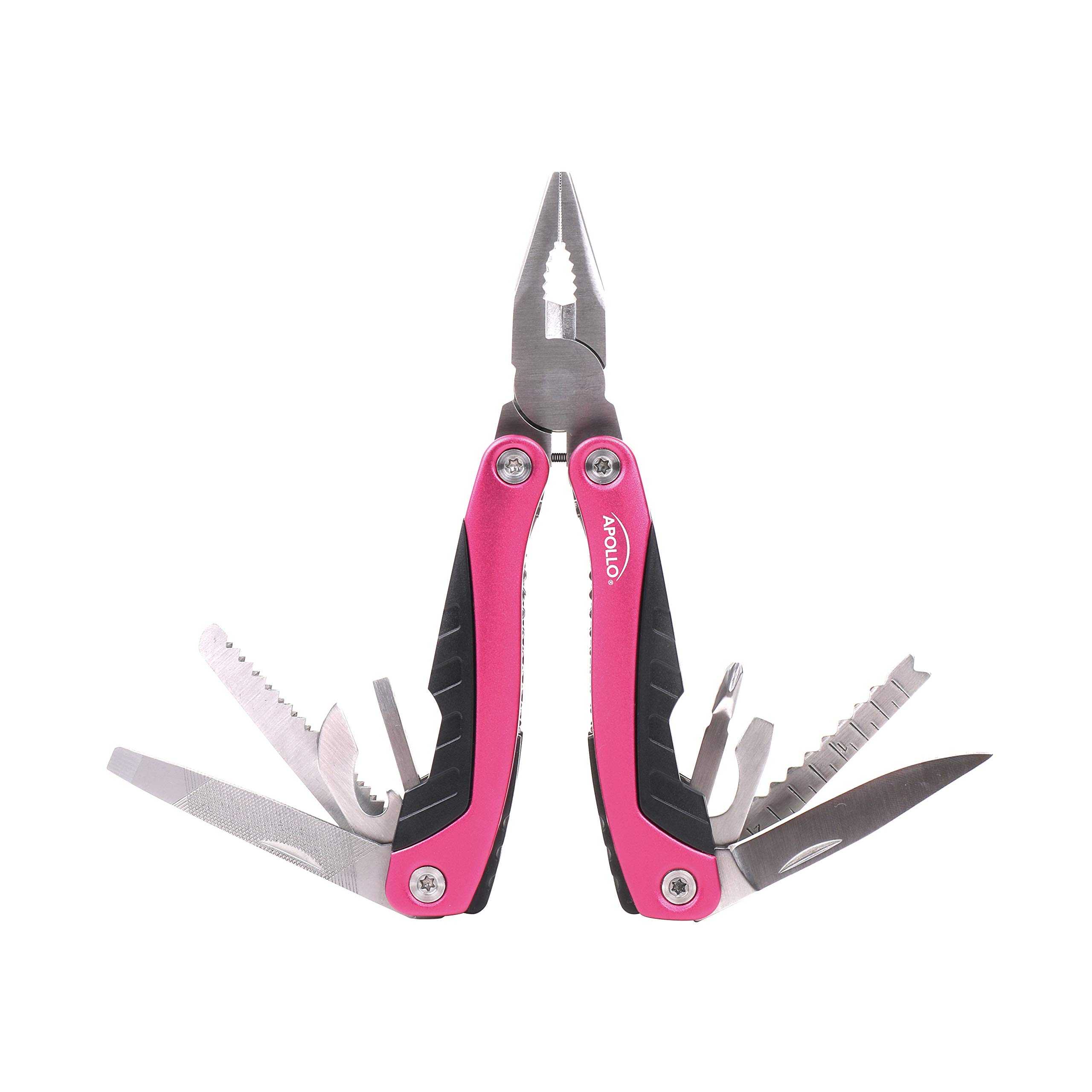 Apollo Tools 14-in-1 Steel Pocket Multitool Pliers with Pink Ribbon - Compact Multi-Function Tool for Everyday Repairs, Survival, Camping, Fishing & Outdoor Activities - Perfect Gift for DIY Enthusiasts (Model DT5015P)