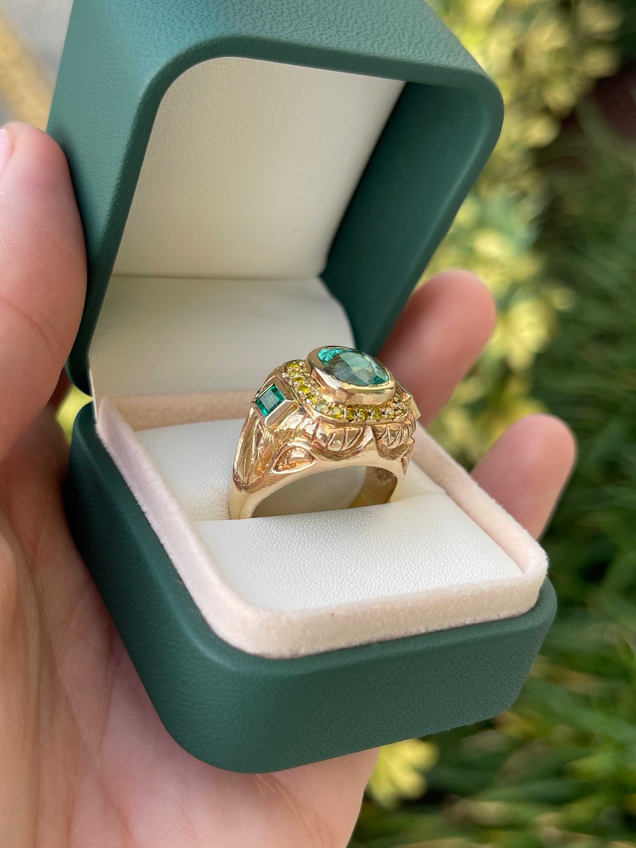 4.18tcw 14K Gold Colombian Emerald Cushion Cut & Princess Cut Yellow Diamond Accent Men's Ring for Wedding, Engagement & Special Occasions