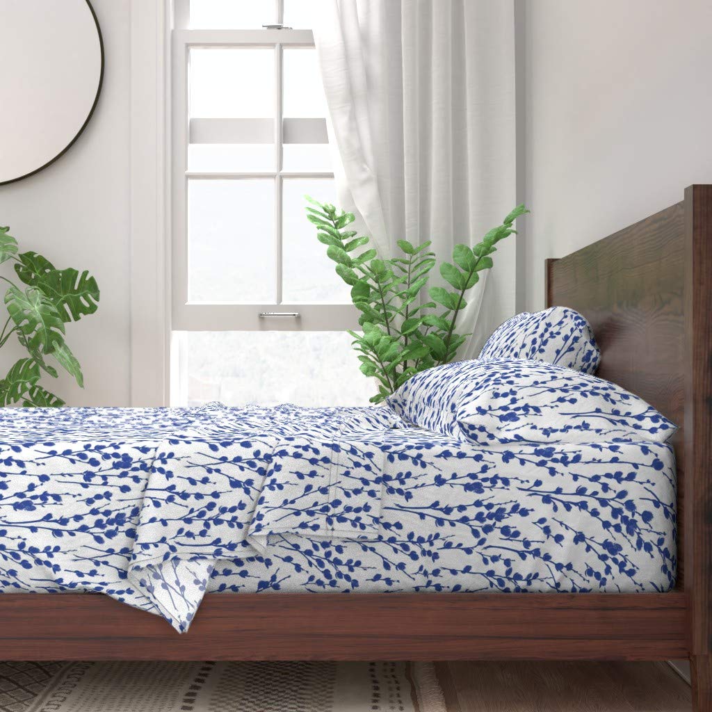 Botanical Plant Spring Garden Chinoiserie Blue White Nature Print 100% Cotton Twin 3-Piece Sheet Set | Soft & Breathable Bedding for Home, Guest Room, or Dorm Decor