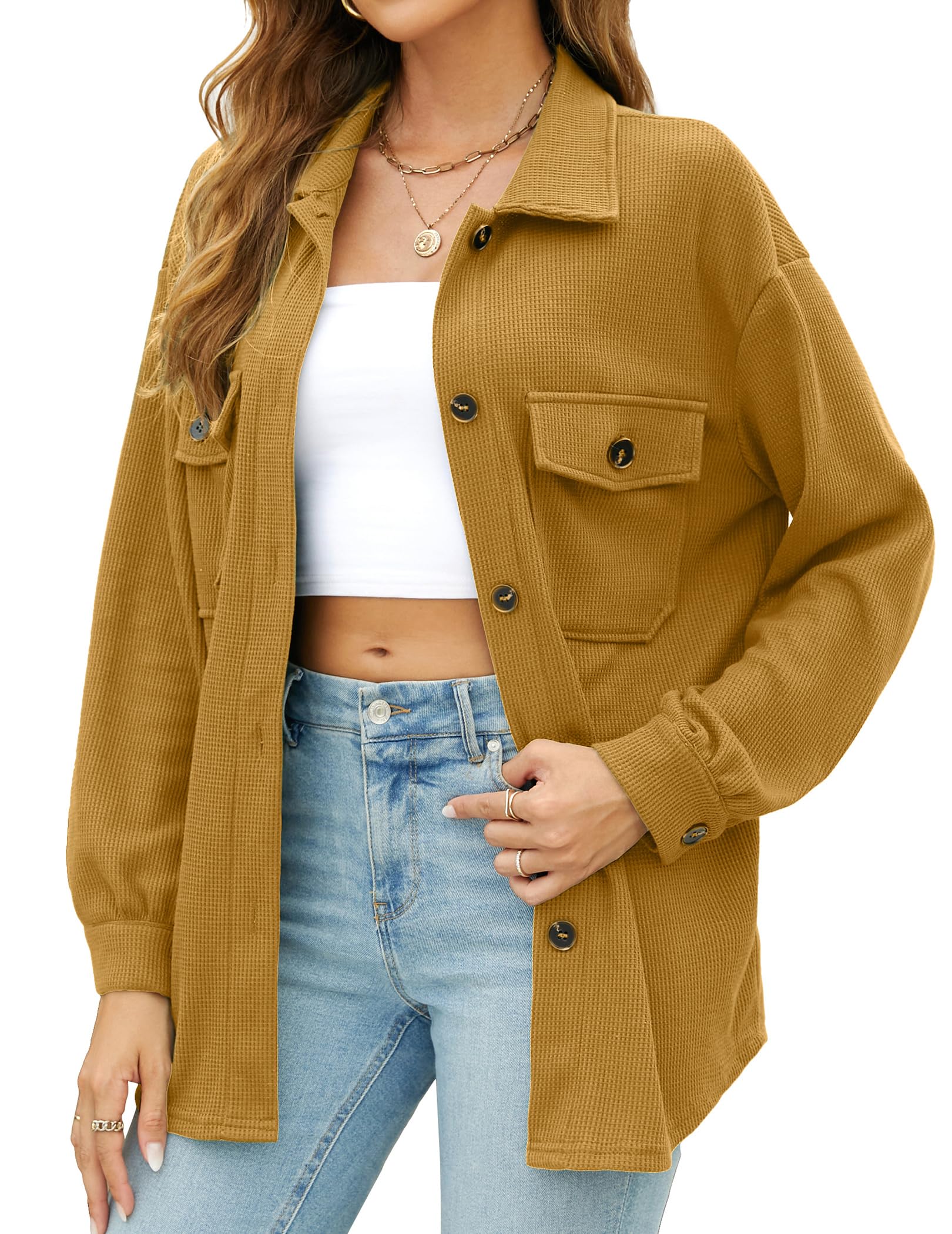GAMISS Women's Waffle Knit Shirt Jacket - Long Sleeve Button Down Blouse with Pockets, Loose Fit Casual Top for Work, Office & Everyday Wear