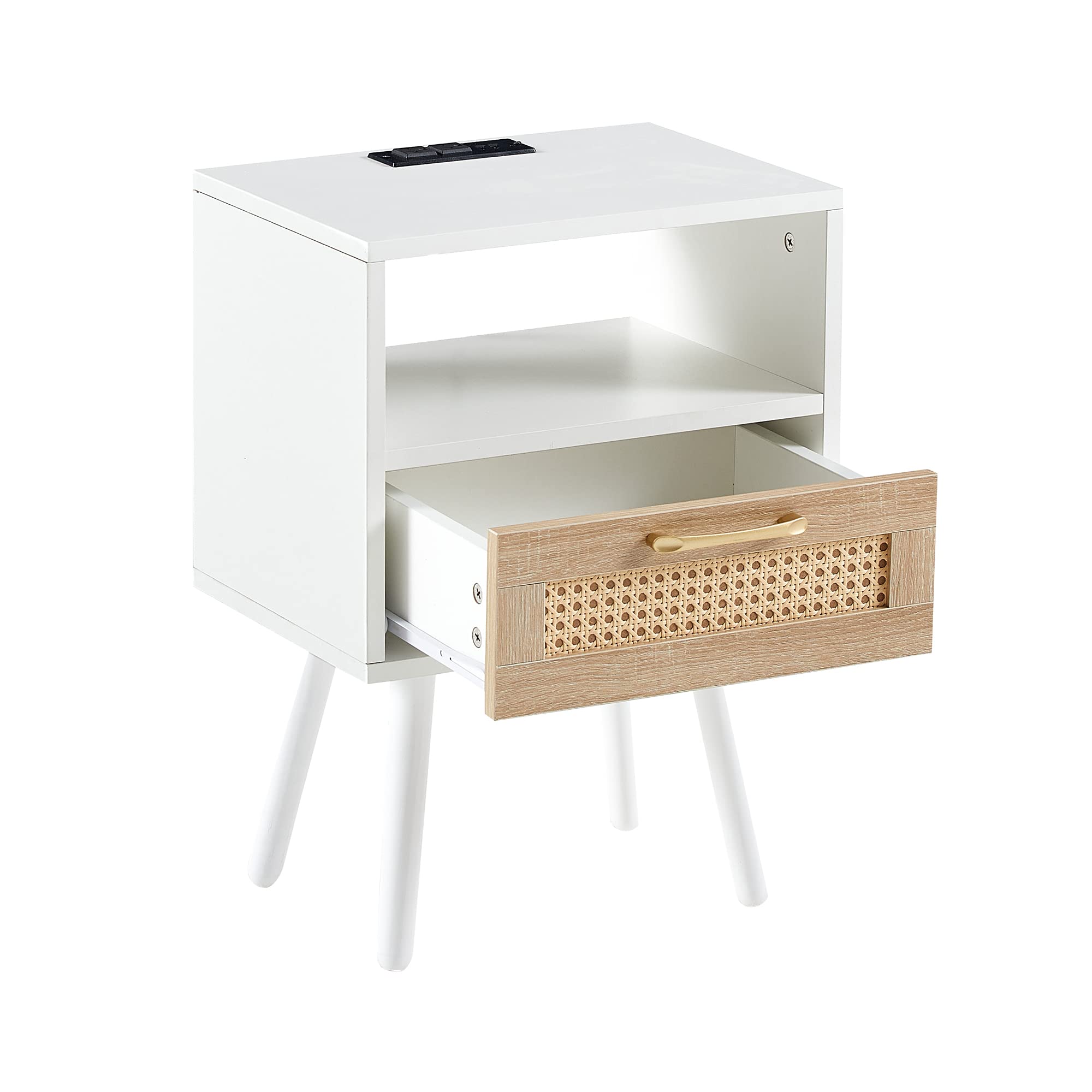 2-Piece Nightstand Set with USB Charging Ports & Outlets - White Wooden End Tables with Rattan Drawers for Bedroom & Living Room - Perfect for Charging Devices & Stylish Home Decor