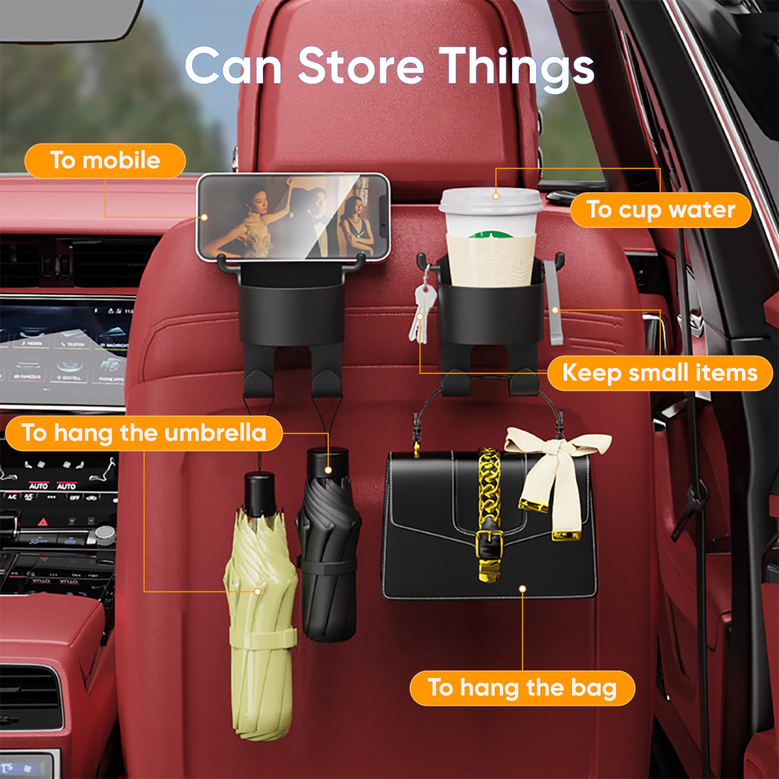 2-Pack Car Seat Back Hooks - Multifunctional Car Headrest Cup Holder & Phone Holder with Hanging Mount for Back Seat Storage (Perfect for Road Trips, Commuting & Family Travel)