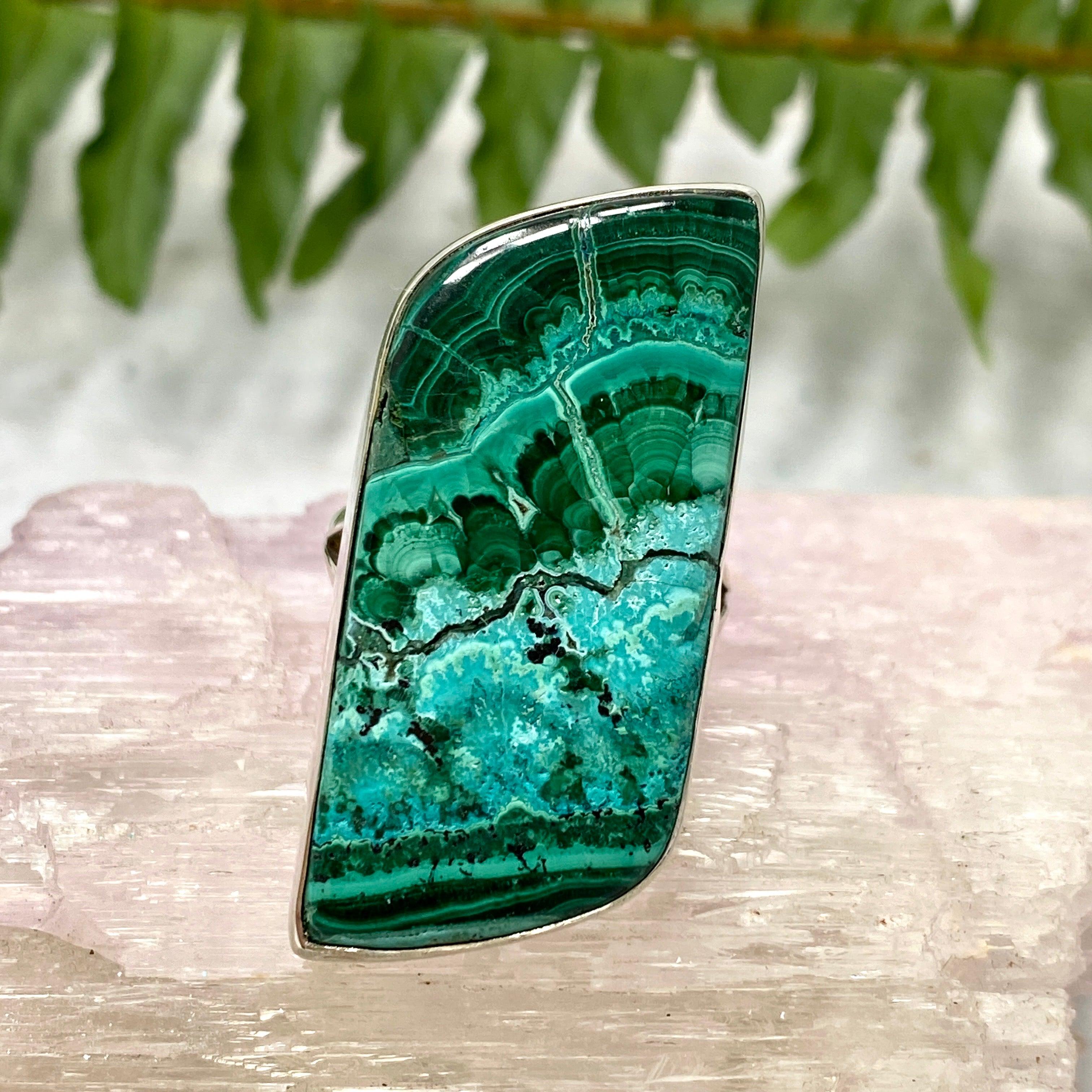 Natural Malachite Freeform Cabochon Ring - Size 11 (KRGJ483) | Handmade Boho Jewelry for Women | Perfect for Earthy Fashion & Spiritual Healing