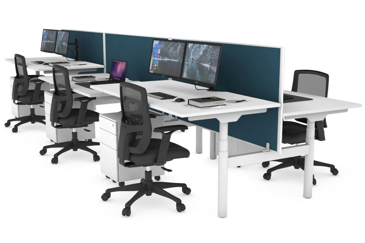 Flexi Premium Height Adjustable 6-Person Office Workbench | White Frame H-Shaped Desk [1400L x 800W with Cable Management] for Collaborative Workspaces & Open Office Environments