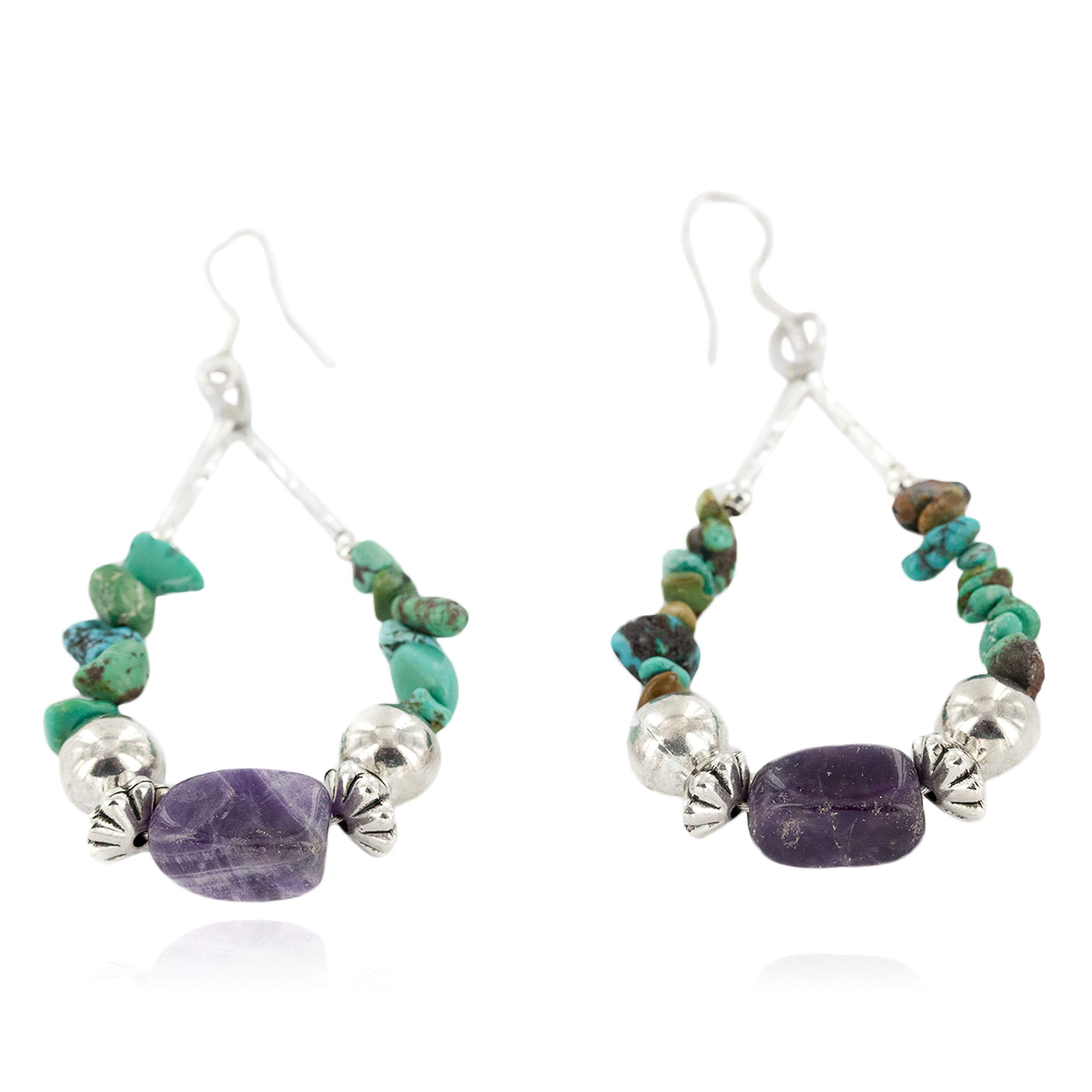 Sterling Silver Native American Hoop Earrings with Turquoise & Amethyst - Handmade by Loma Siiva - $90Tag Certified - Perfect for Boho Fashion, Festivals & Gift Giving