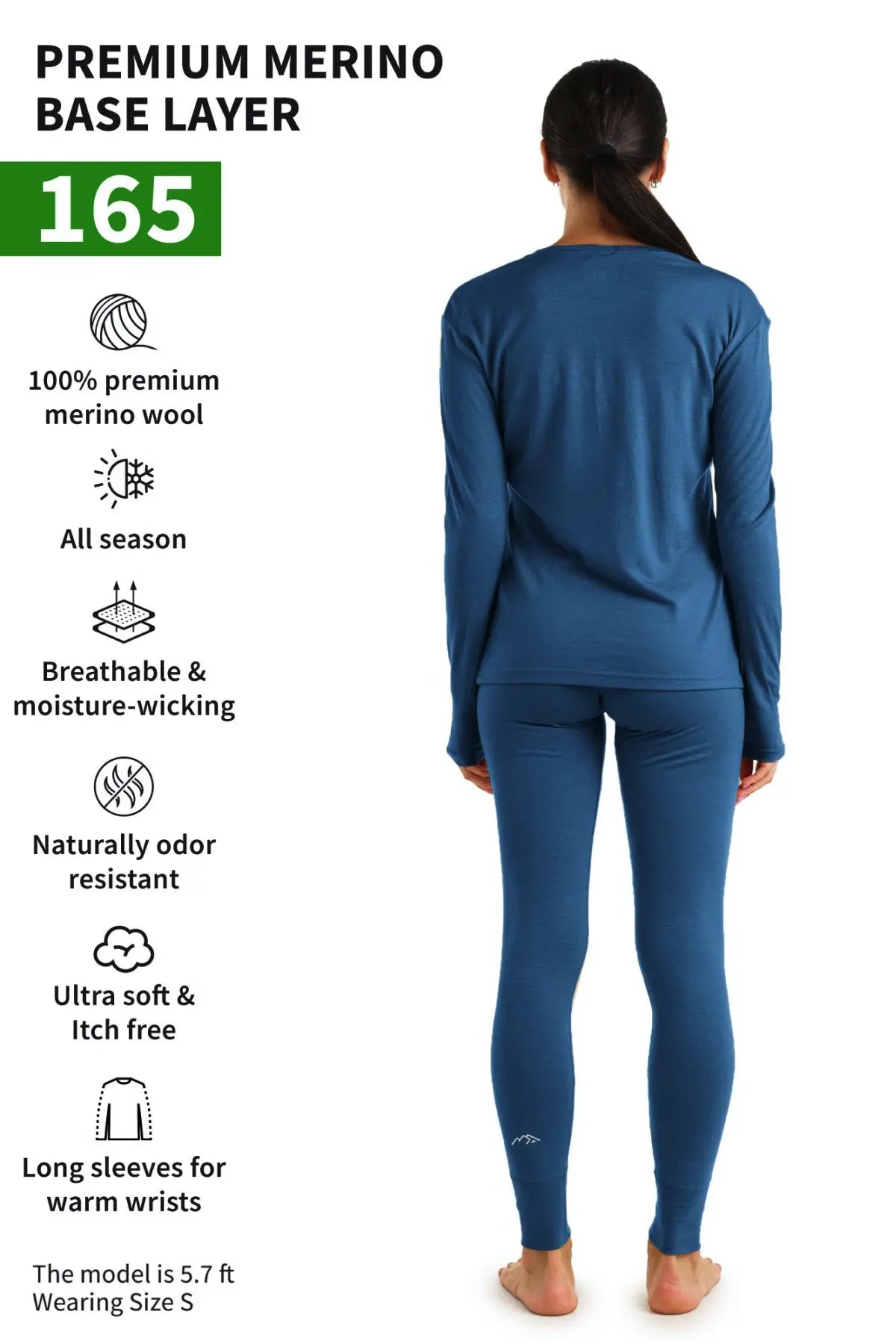 Women's Merino Wool Thermal Underwear Set - 165 Denim Blue | Warm Winter Base Layer for Skiing, Hiking & Cold Weather Activities