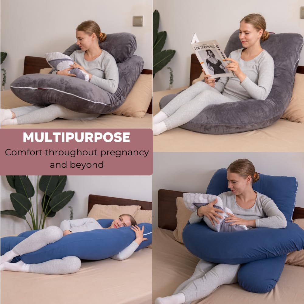 Malena Life G-Shaped Pregnancy Pillow with 2 Removable Covers | 50-inch Ergonomic Full Body Pillow for Sleeping, Maternity Support & Post-Surgery Recovery - Grey Velvet & Blue Cotton | Perfect for Side Sleepers, Pregnant Women & Recovery Patients