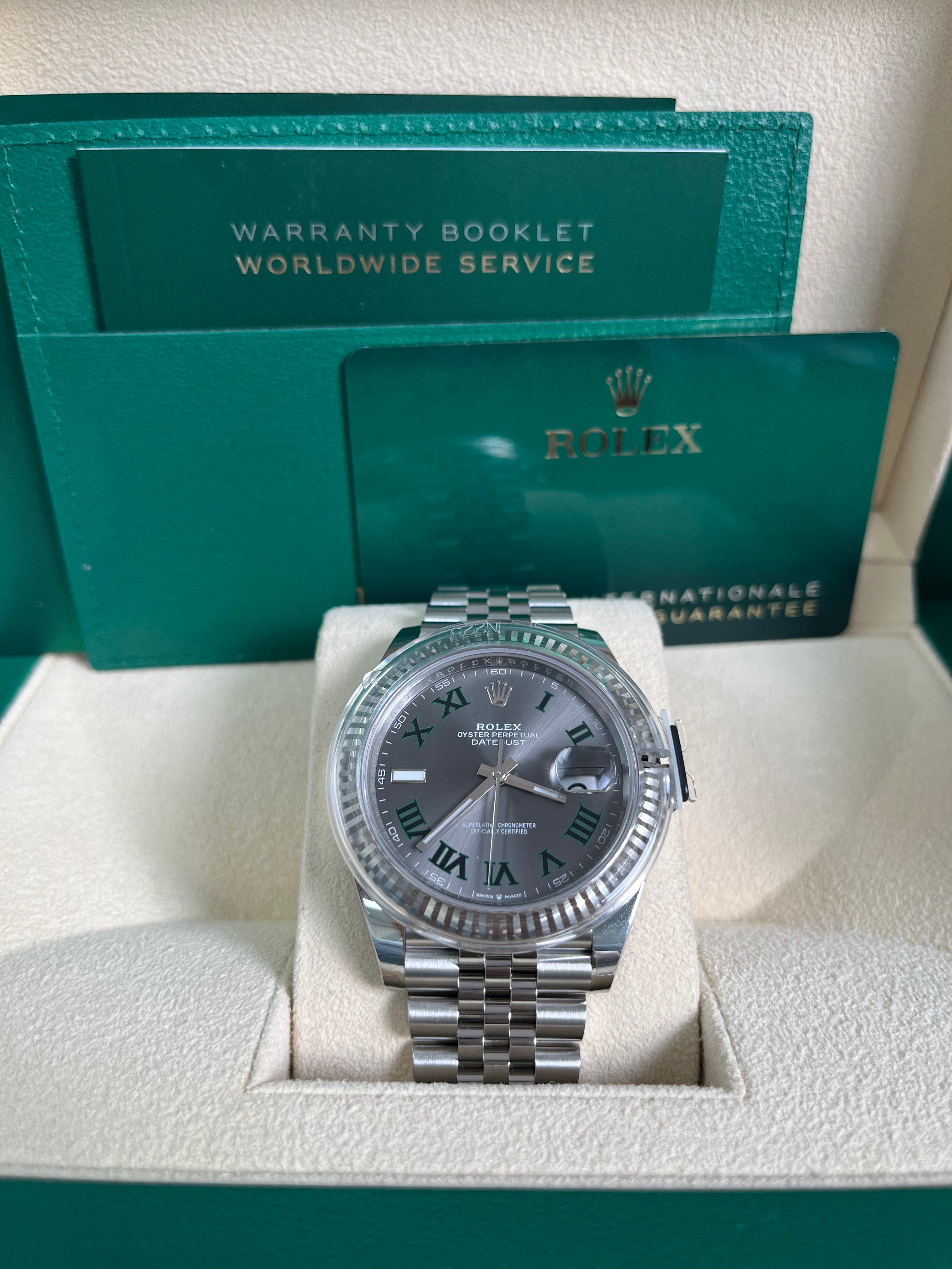 Rolex Datejust 41 Men's Watch - Two Tone 18k White Gold & Steel, Grey Slate Wimbledon Green Dial, Fluted Bezel, Jubilee Bracelet (Ref# 126334) | Luxury Dress Watch for Business & Formal Occasions