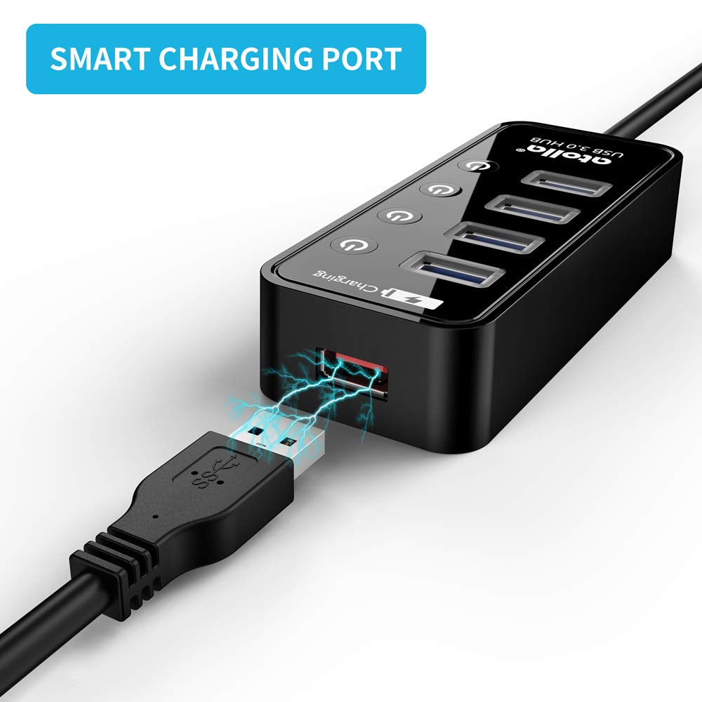 Atolla 4-Port USB 3.0 Hub with On/Off Switches & 1 Charging Port - High Speed Data Transfer (2ft Cable) for Laptop, PC, Mac - Perfect for Home Office, Gaming & Multi-Device Setup