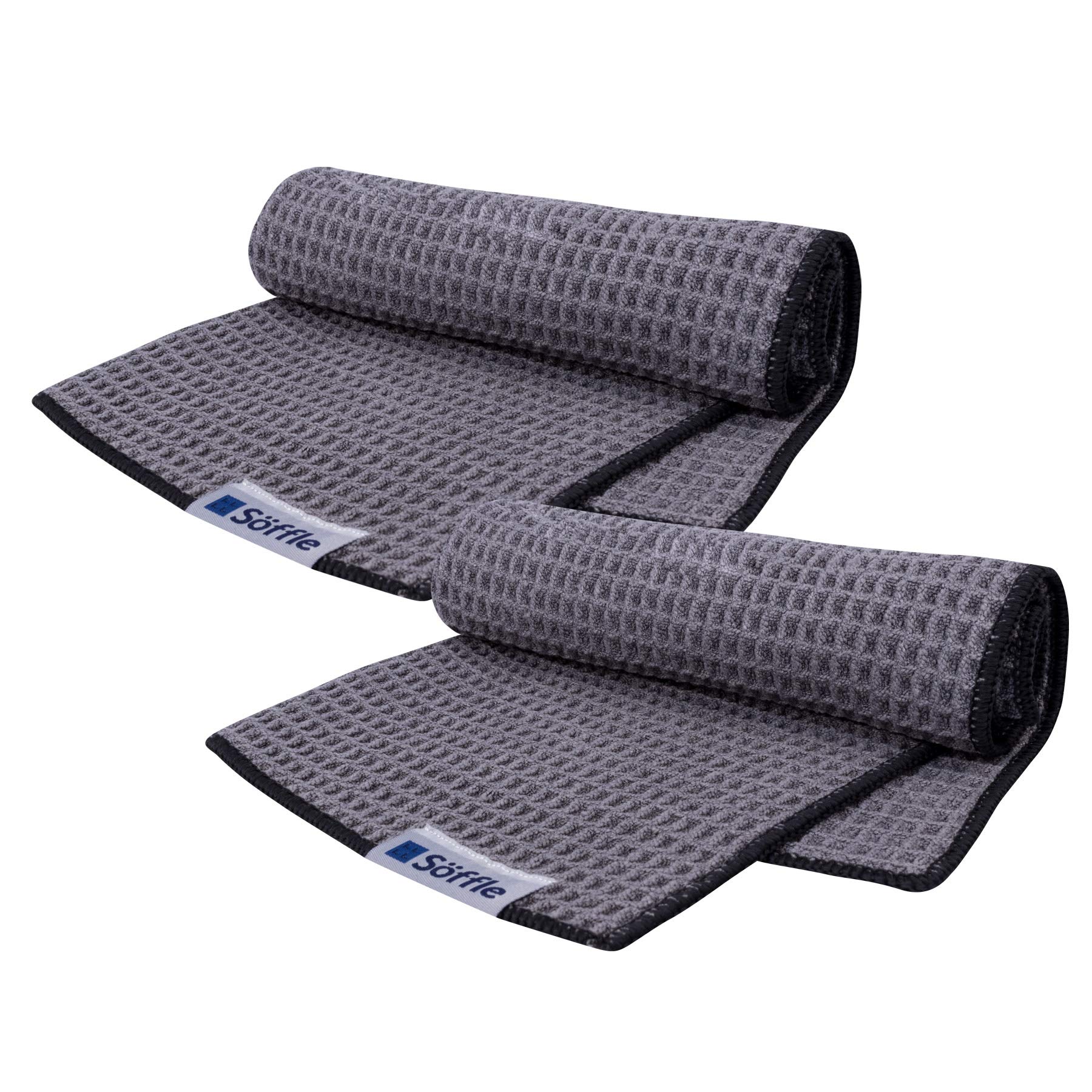 Premium Waffle Golf Towels 2 Pack - 16x16 Inches with Clip - Quick-Dry Microfiber Golf Accessories for Greens & Course (Silver & Black) - Perfect for Golfers, Caddies & Club Cleaning