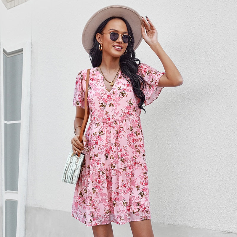 Women's Floral V-Neck Short Sleeve Summer Dress - Perfect for Beach Vacations, Brunch Dates & Casual Outings