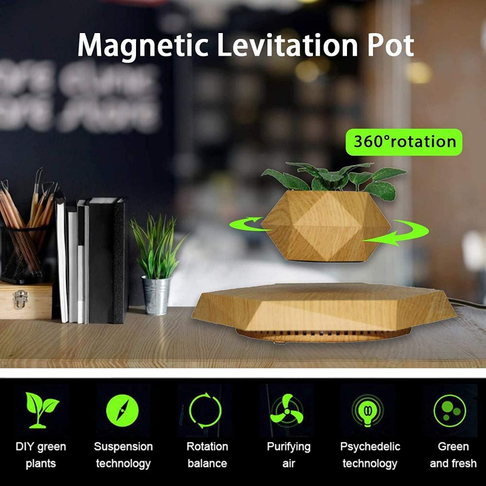 Magnetic Levitation Floating Air Plant Pot - Wood Grain Hanging Bonsai for Office Desk, Home Decor & Reception Areas | Creative Indoor Gardening Gift Idea