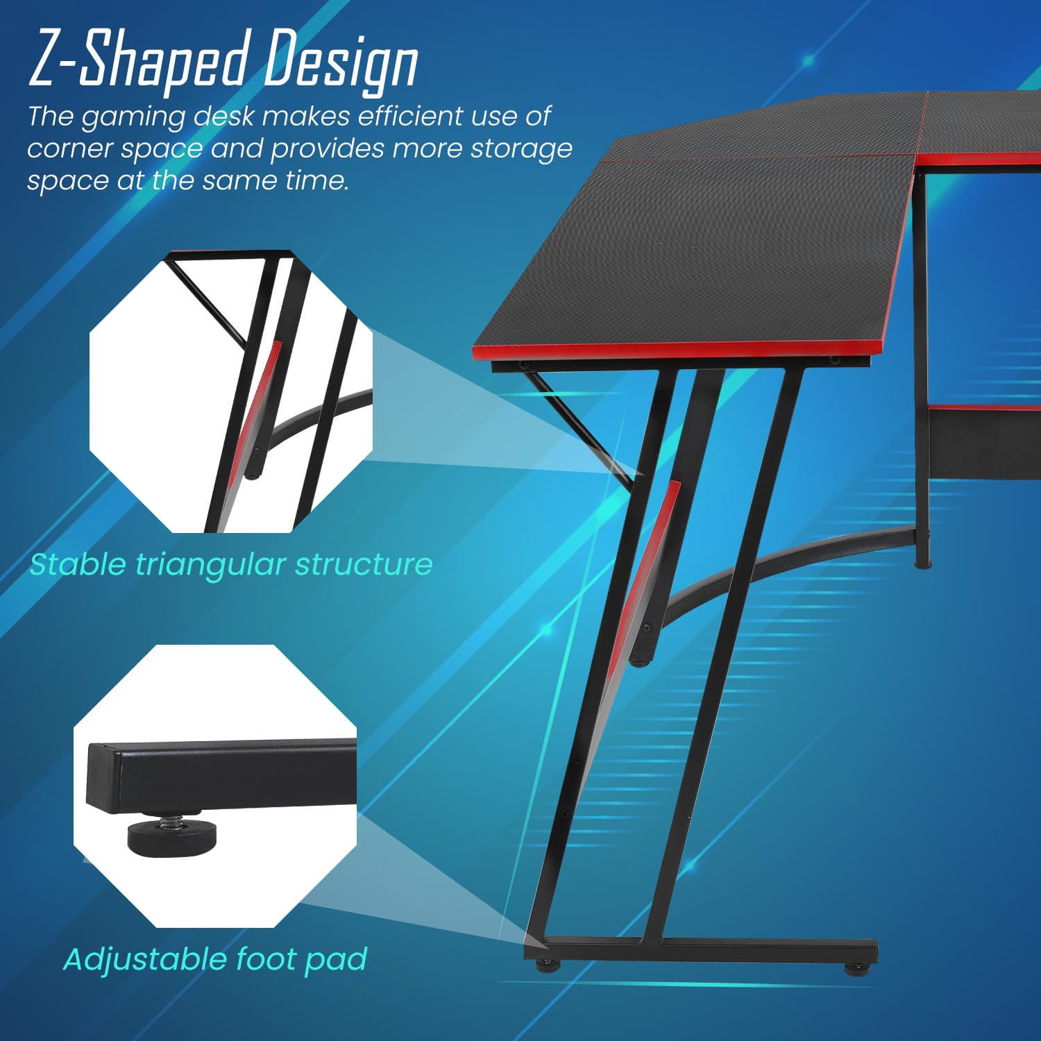 Premium L-Shaped Gaming Desk with Carbon Fiber Surface - Large Monitor Stand Corner Computer Desk for Home Office, Gaming & Study - Black (Ideal for Multi-Monitor Setup & Ergonomic Workspace)