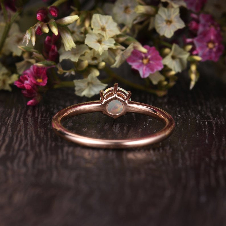5mm Opal Engagement Ring - Lab-Created Solitaire Rose Gold, 6-Prong Birthstone Stacking Ring | Minimalist Wedding Band, Anniversary Gift for Her, Perfect for Everyday Wear & Special Occasions