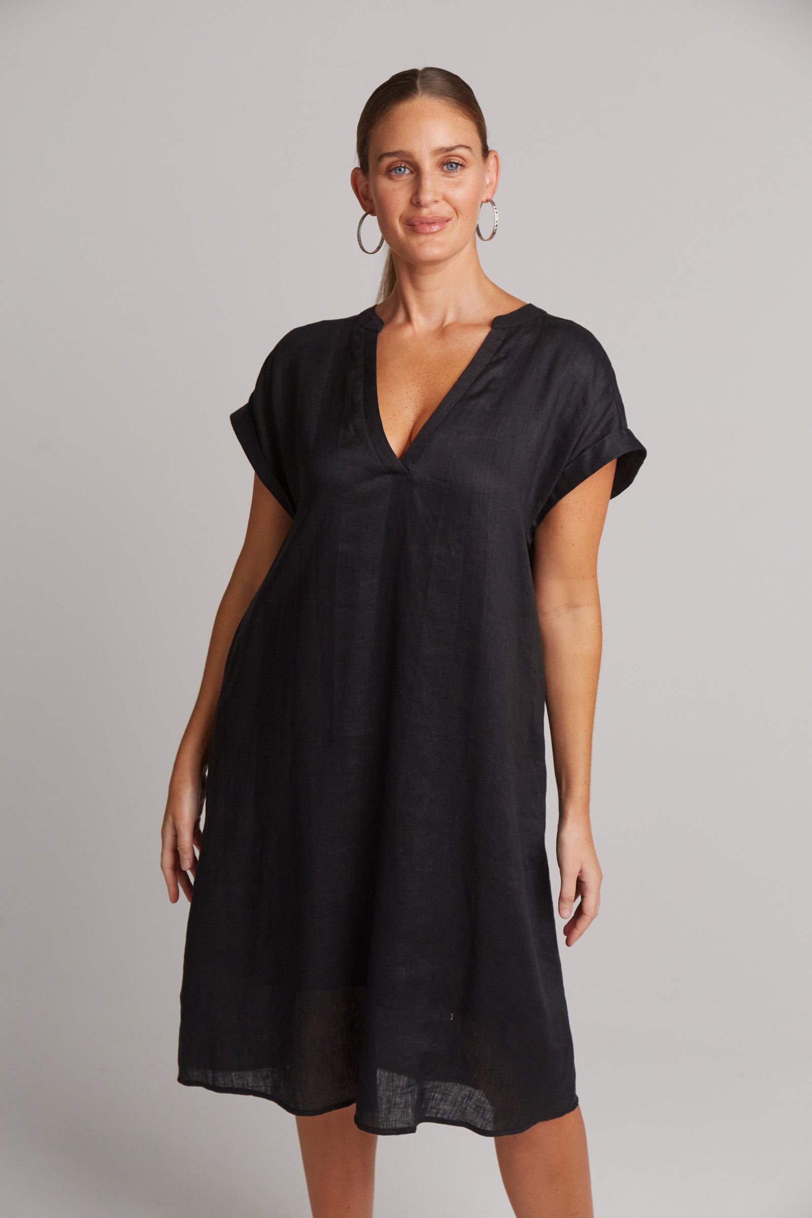Elegant Black Studio Linen Dress for Women - Summer Casual Wear, Beach Cover Up & Boho Chic Outfit