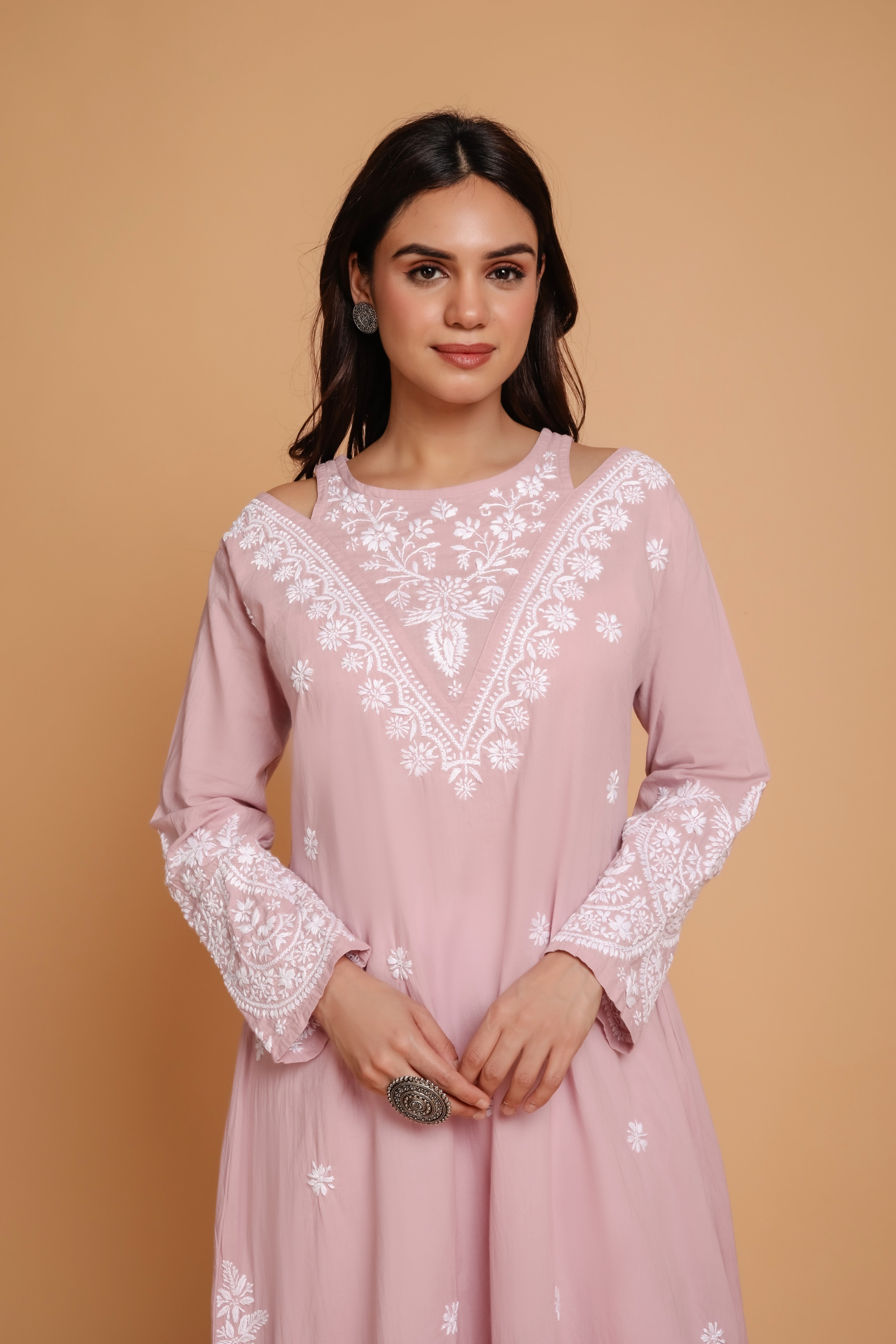 Elegant Saba Chikankari Embroidered Cotton Long Kurta for Women - Lilac Floral Design | Perfect for Festivals, Weddings & Casual Wear