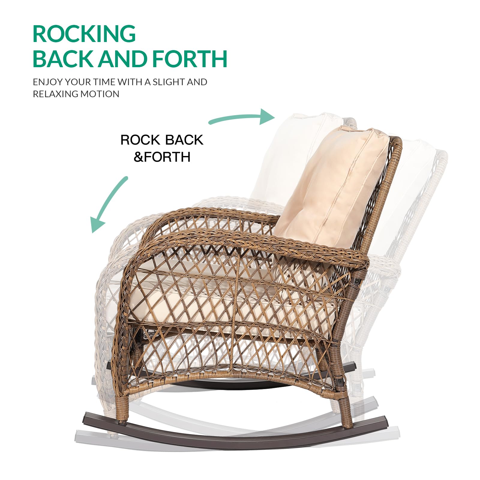 VIVIJASON All-Weather Outdoor Wicker Rocking Chair with Cushions - Patio Rattan Rocker Chair with Durable Steel Frame - Comfortable Garden Backyard Porch Furniture (Beige) - Perfect for Relaxing, Reading & Enjoying Nature