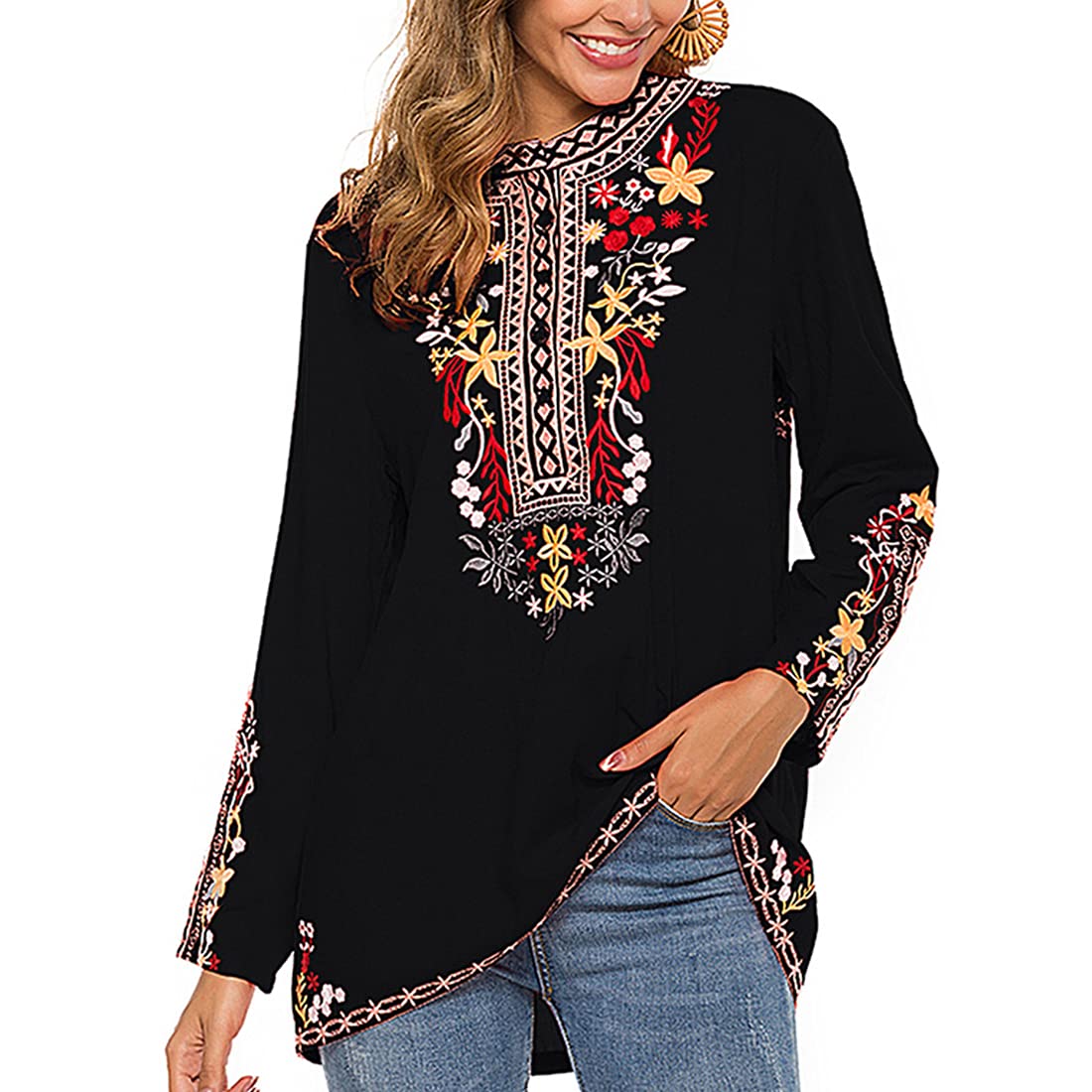 Mexican Boho Embroidered Long Sleeve Peasant Blouse for Women - Loose Casual Tunic Top with Floral Designs - Perfect for Fall Fashion, Festivals, and Everyday Boho Chic Style