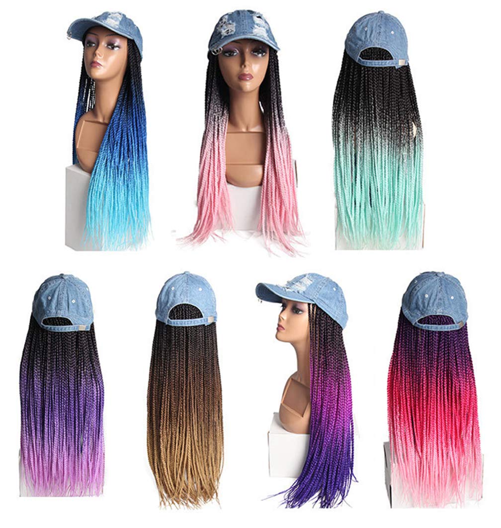 Long Colorful Box Braid Wigs with Baseball Cap for Black Women - 16 Colors, 24in/60cm Crochet Hat Wig | 90s Hip Hop & Punk Style Party Wig | Perfect for Cosplay, Halloween, and Fashion Events