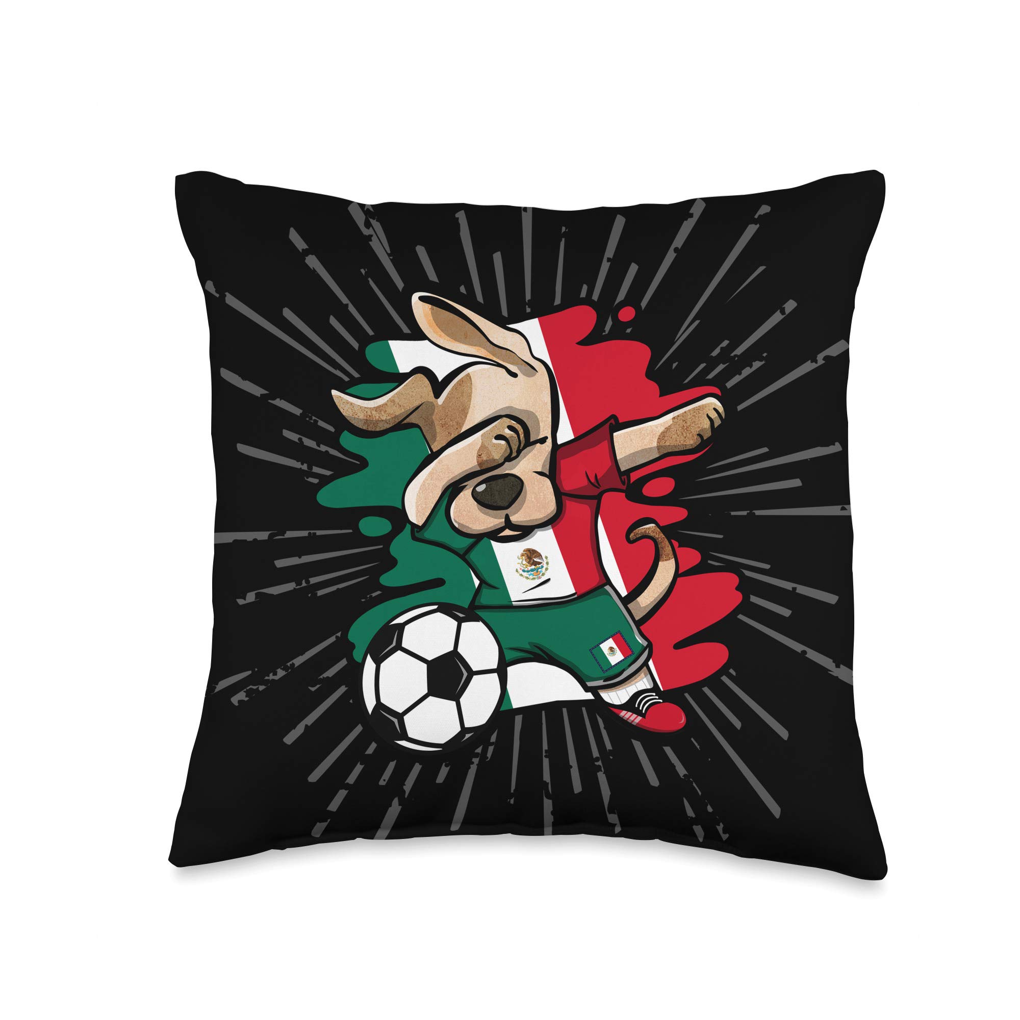 Mexico Soccer Fans Jersey Throw Pillow - 16x16 Inch Mexican Flag Football Cushion for Home Decor, Game Room & Sports Fan Gifts - Multicolor Dabbing Dog Design