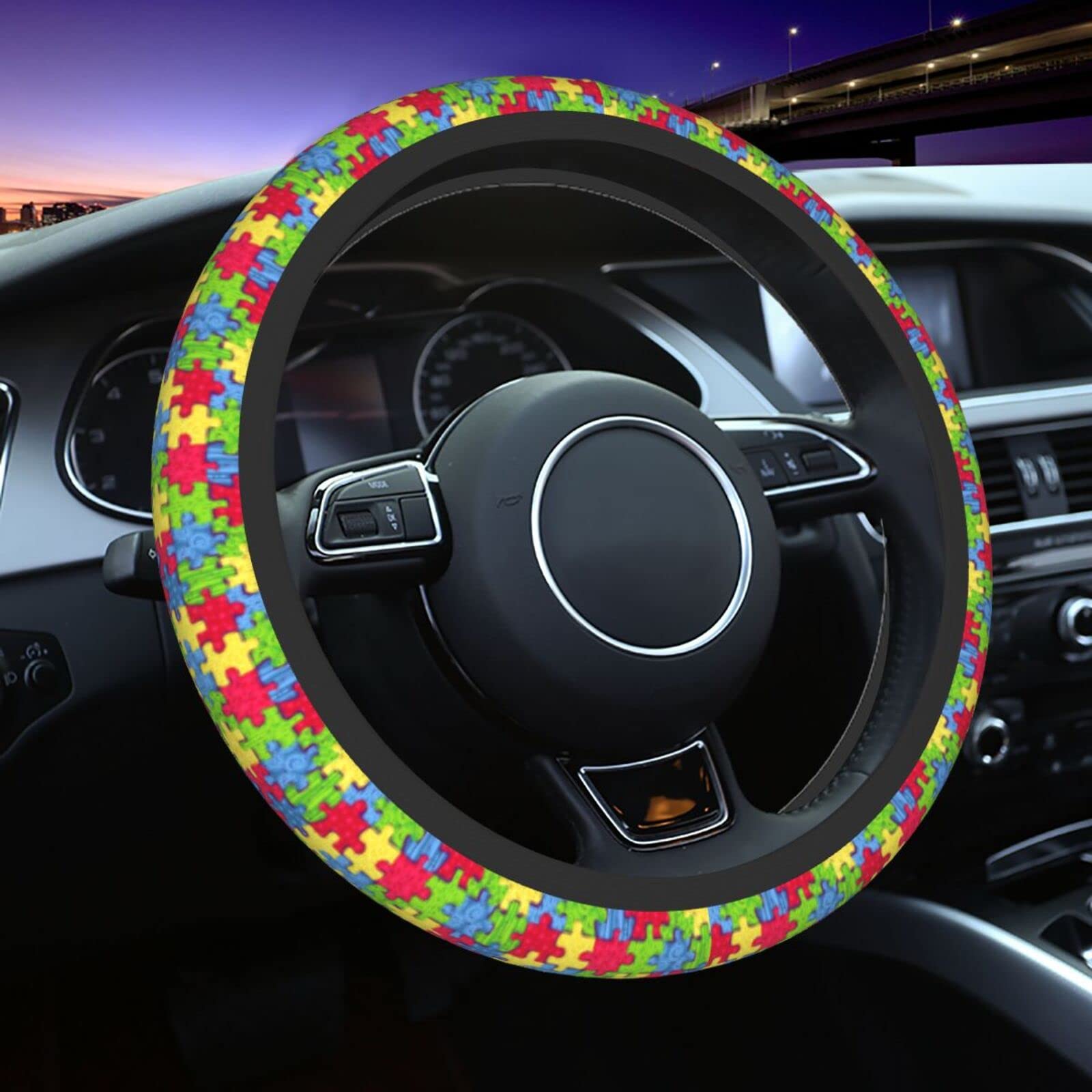 Autism Awareness Non-Slip Steering Wheel Cover - Universal 15 Inch Durable Car Accessory for Safe Driving | Perfect for Autism Supporters & Sensory-Friendly Driving