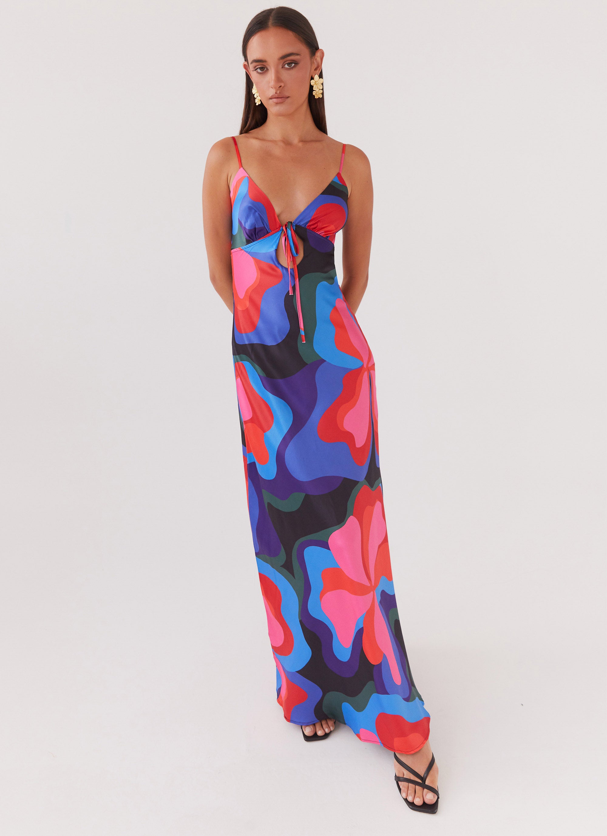 Flora Satin Maxi Dress - Floral Fantasy Women's Elegant Long Dress for Summer, Beach, Weddings & Special Occasions