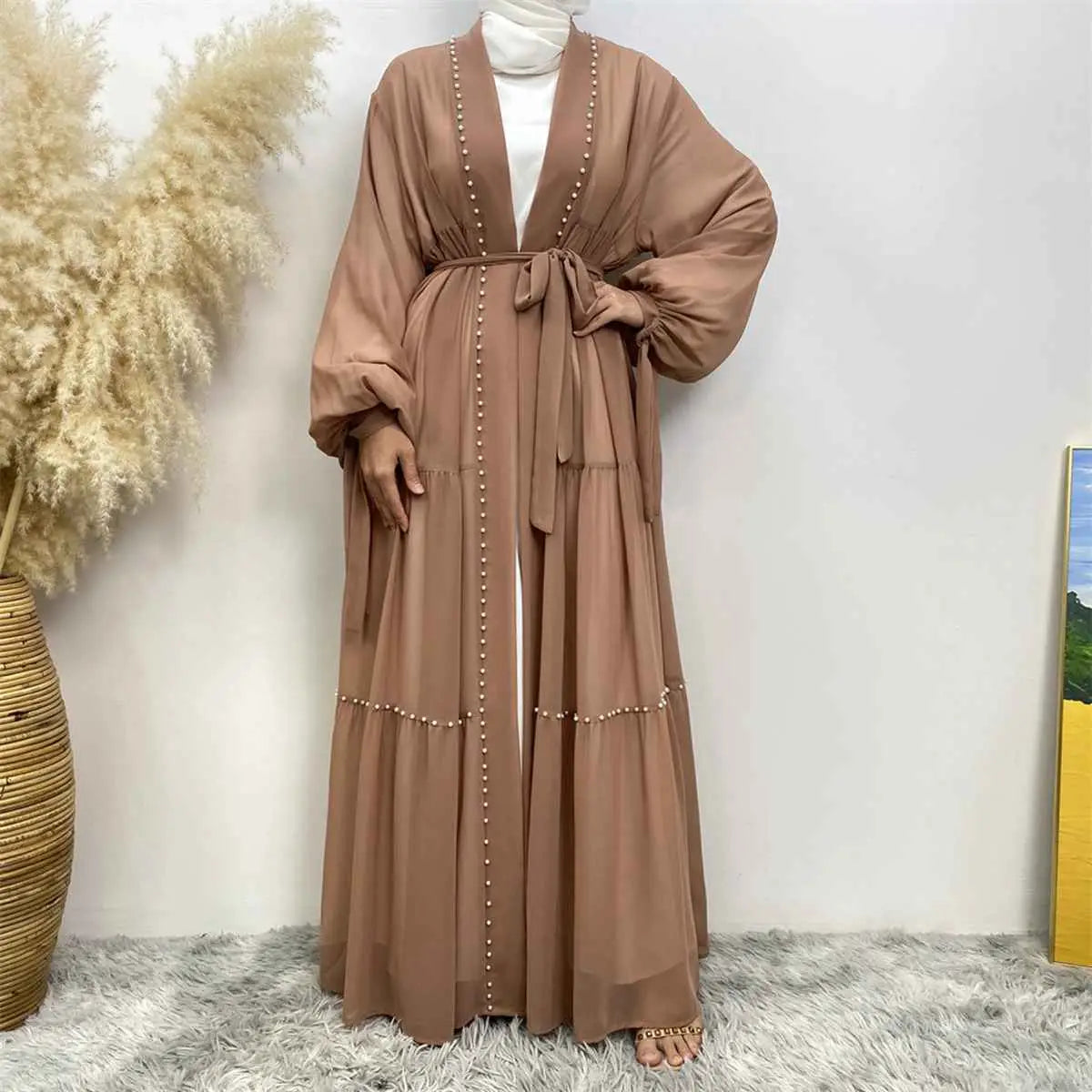 Elegant Muslim Women's Chiffon Beaded Open Abaya Dress - Modest Islamic Prayer Dress for Mosque, Eid & Special Occasions