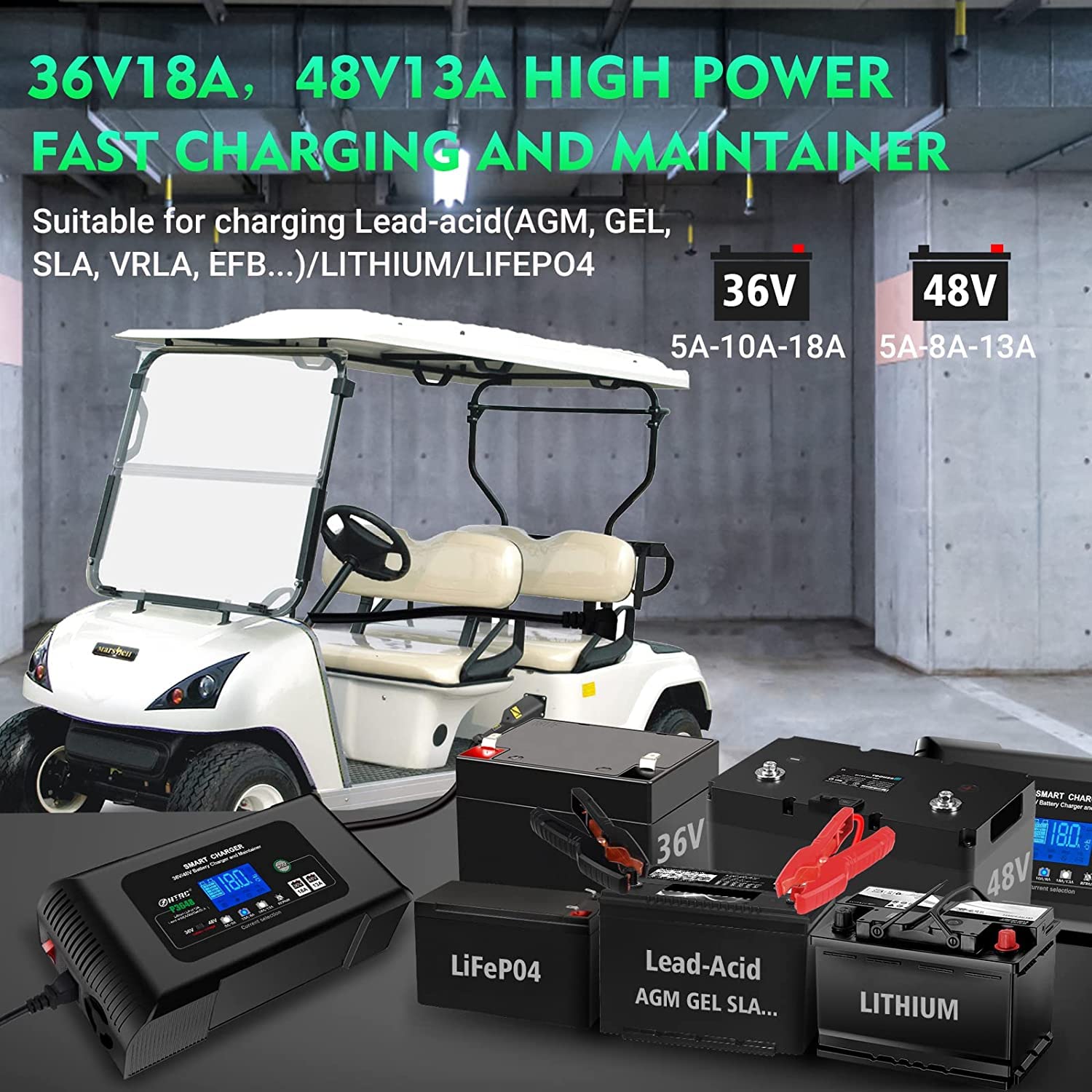 Haisito 36V 48V Golf Cart Battery Charger - Smart Charger for Lead-Acid, Lithium & LiFePO4 Batteries - Compatible with EZGO RXV & Golf Carts - Trickle Charge Mode - Perfect for Home, Club & Course Maintenance