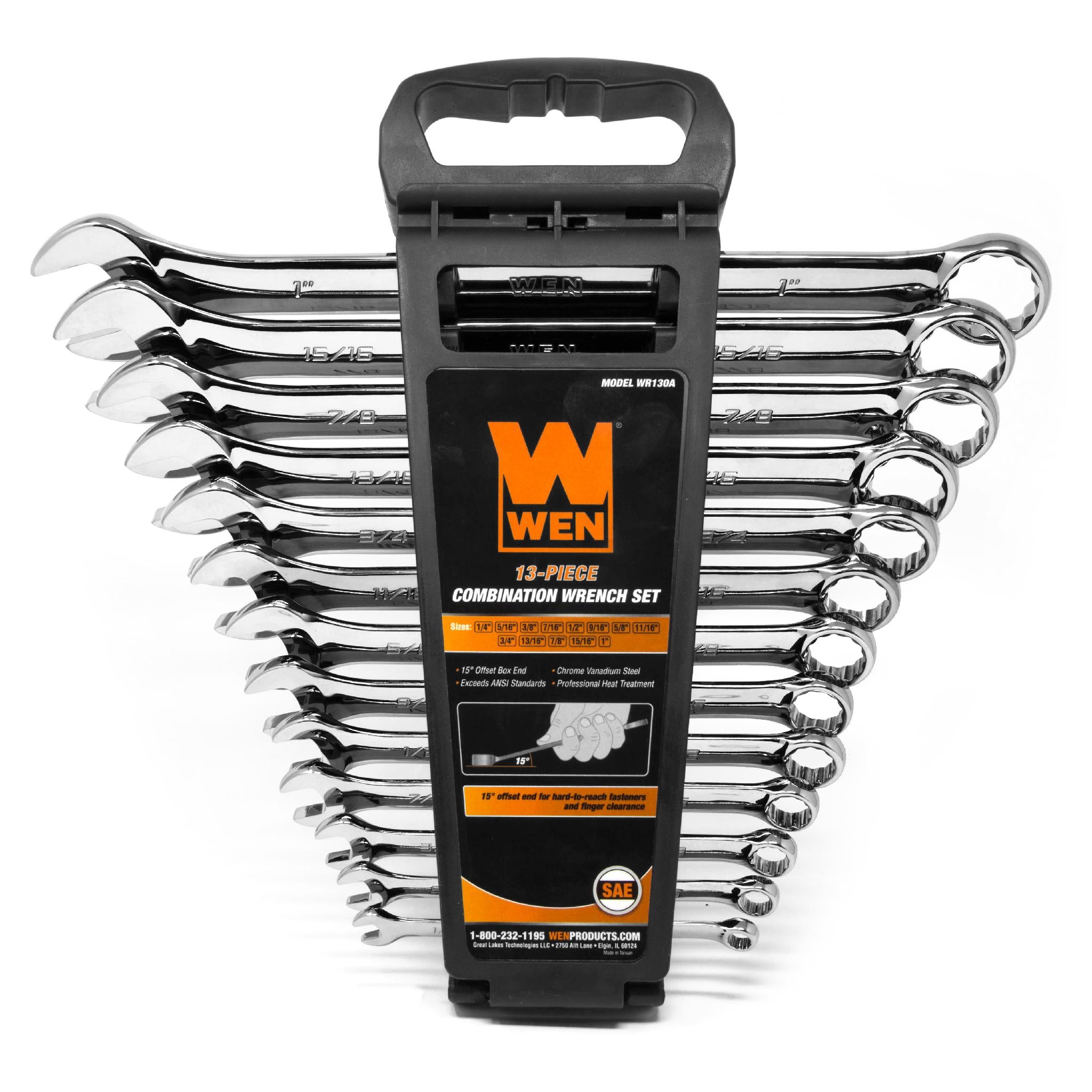 WEN WR130A 13-Piece Professional Grade SAE Combination Wrench Set with Storage Rack - Perfect for Automotive Repair, Machinery Maintenance & DIY Projects