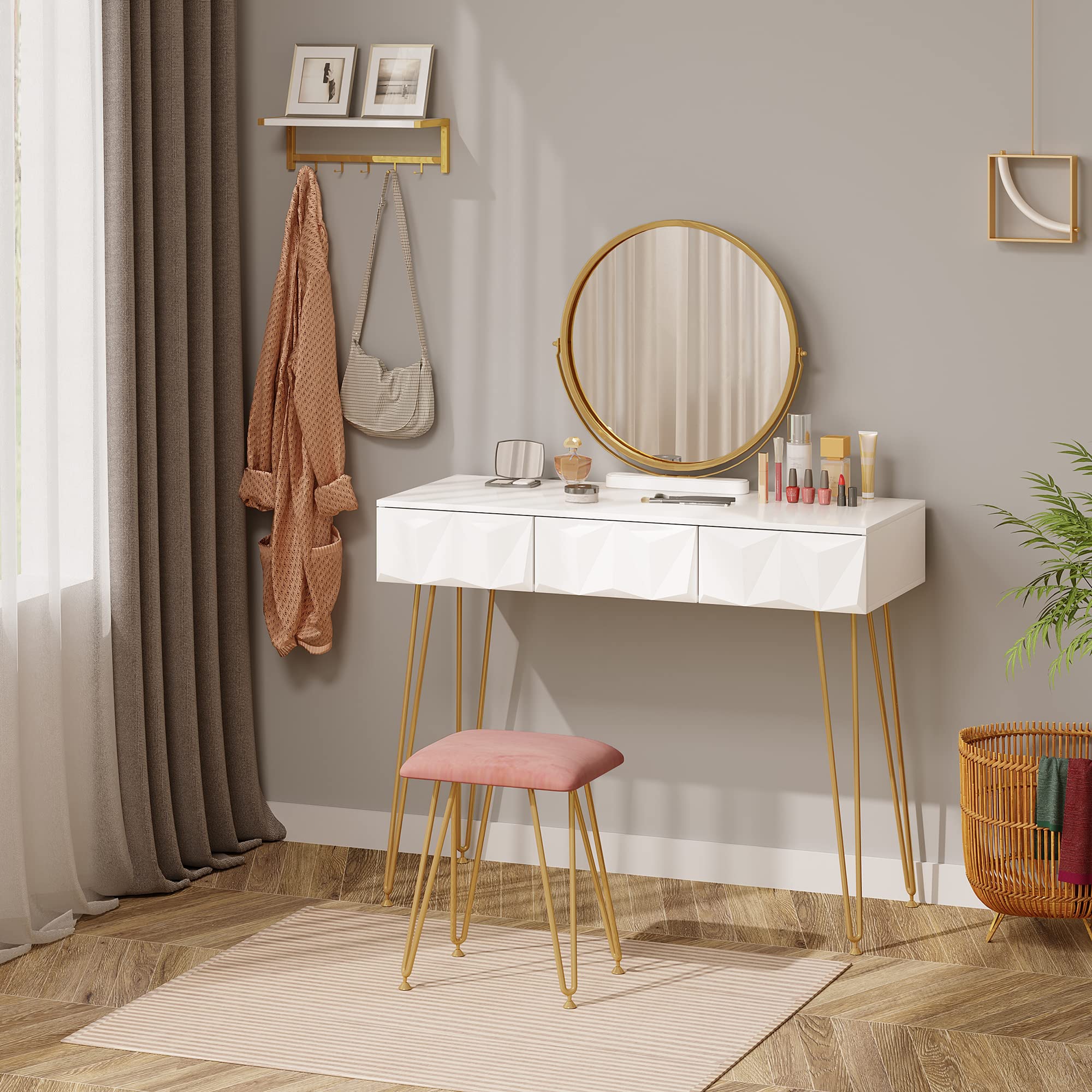 EUGAD Velvet Vanity Set with Padded Stool & 360° Swivel Mirror - Modern Makeup Dressing Table with 3 Drawers, White & Gold (Wood + Metal) - Perfect for Bedroom, Dressing Room & Beauty Salon