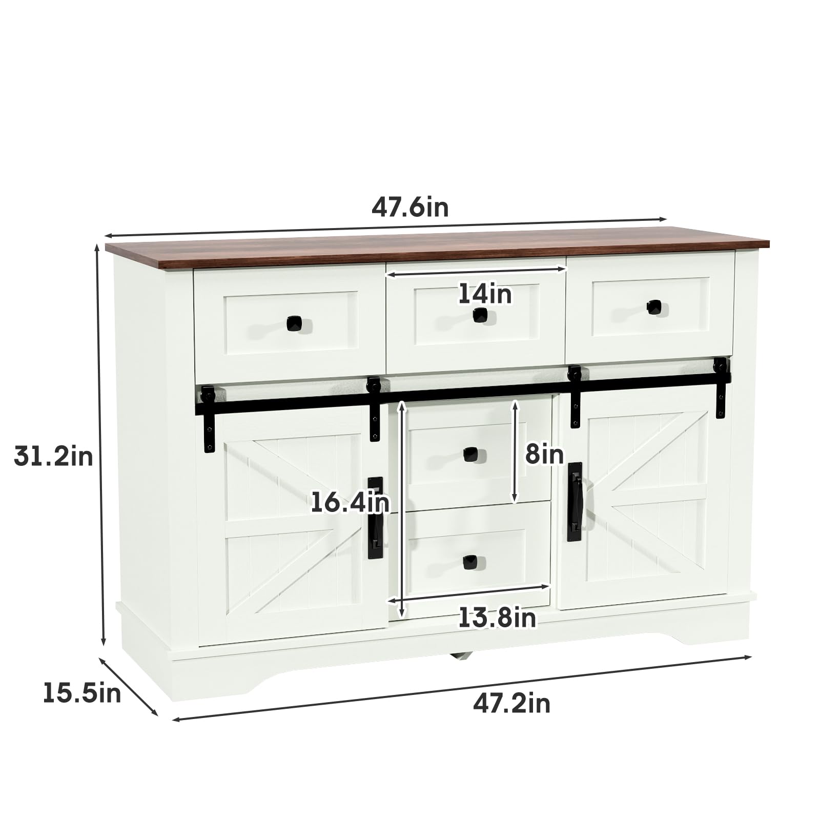 Farmhouse Sideboard Buffet Cabinet with Storage - Large Kitchen Cabinet with Sliding Barn Doors, 5 Drawers & Adjustable Shelves - White Coffee Bar Table for Dining Room - Perfect for Rustic Home Decor, Kitchen Organization & Entertaining Guests