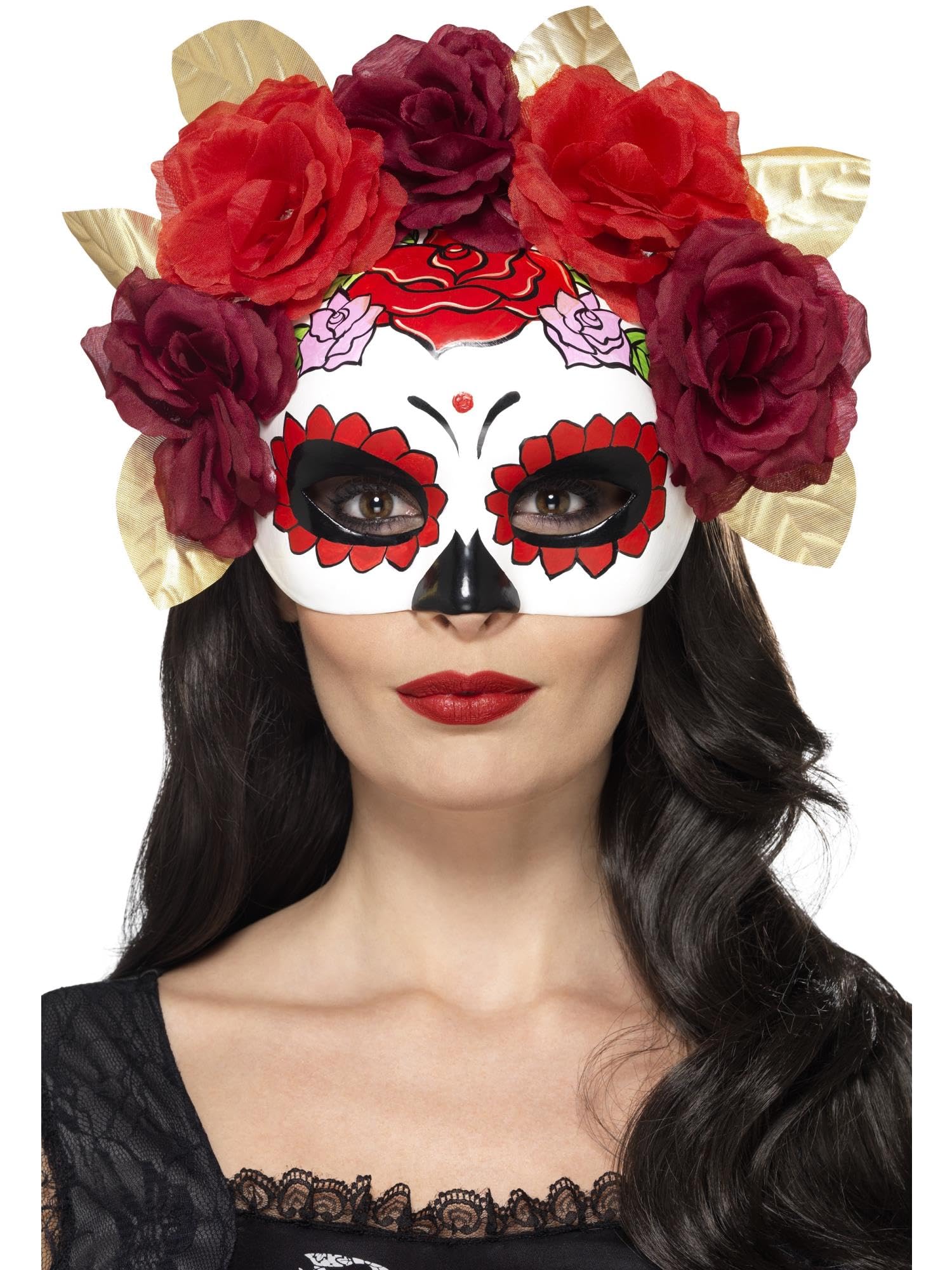 Smiffys 44883 Day of the Dead Rose Eye Mask - One Size Fits All - Perfect for Halloween Costumes, Dia de los Muertos Celebrations & Themed Parties