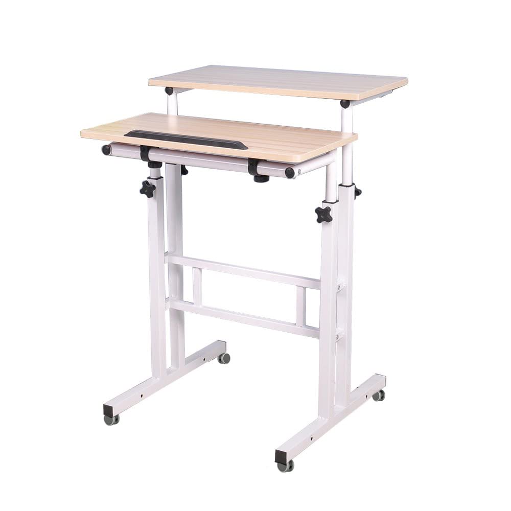 Adjustable Height Mobile Standing Desk with Wheels - Portable Sit Stand Workstation for Home Office, White Maple - Perfect for Small Spaces & Remote Work