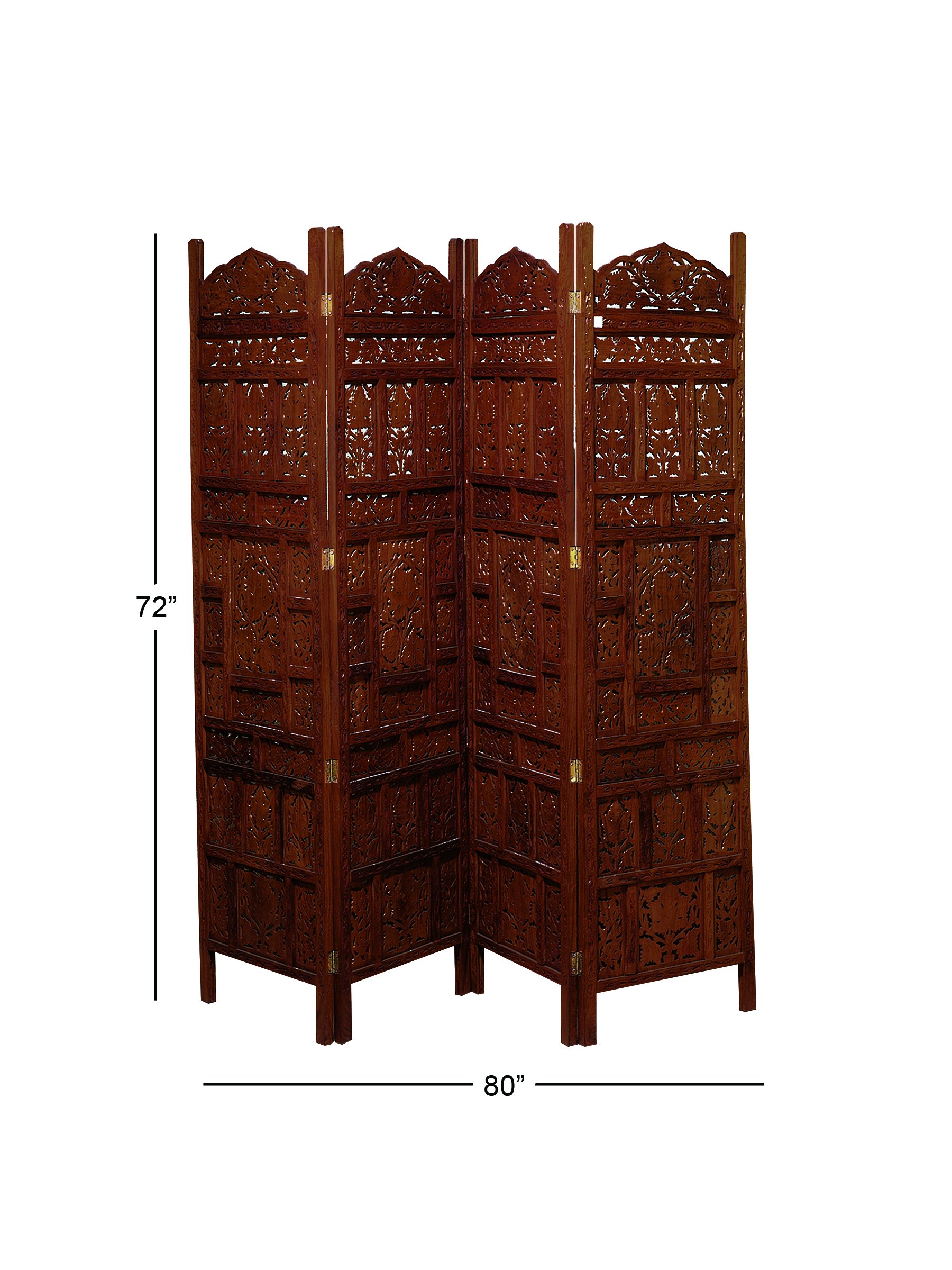 Handmade Wooden Floral Room Divider Screen - 4 Panel Foldable Privacy Partition 80