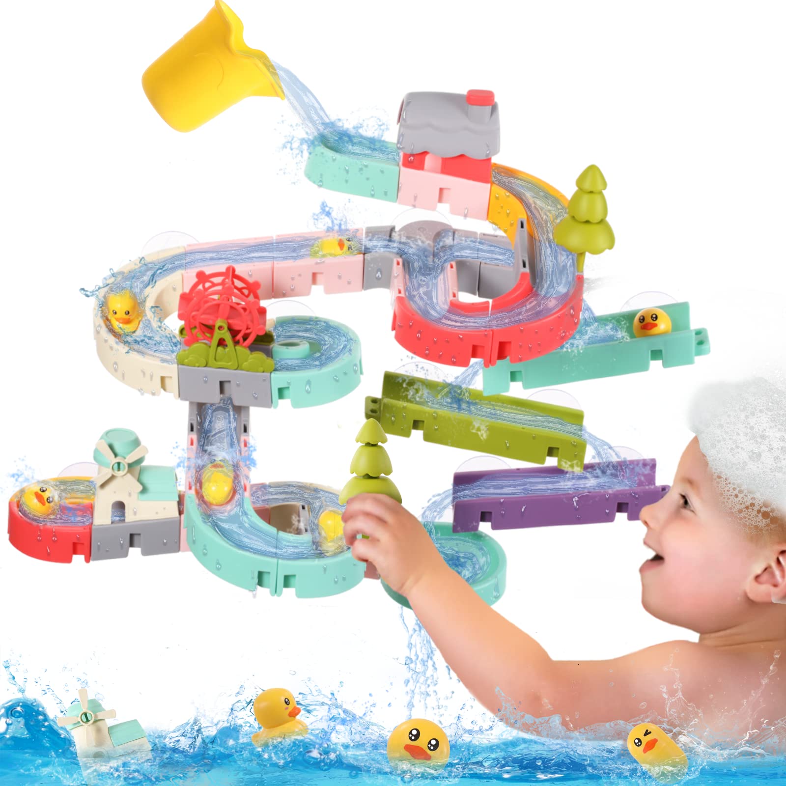 Wellvo 62-Piece Bath Toy Set for Kids Ages 3-8 - Water Slide Bathtub Toys with Suction Cups for Toddlers & Children - DIY Take Apart Bathroom Wall Toys for Boys & Girls - Perfect Shower Gift for Birthday & Holiday Playtime