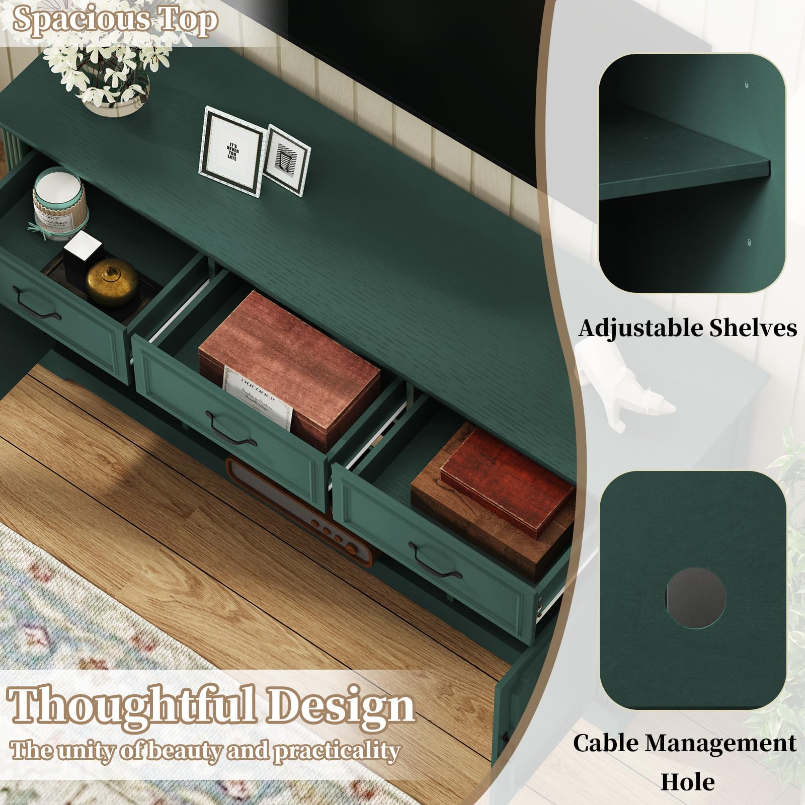 ARTPOWER Mid Century Modern TV Stand for 65 Inch TVs - Wooden Entertainment Center with 3 Drawers & Adjustable Shelves, Storage Cabinet for Living Room (Green) - Perfect for Home Theater Setup & Living Room Organization
