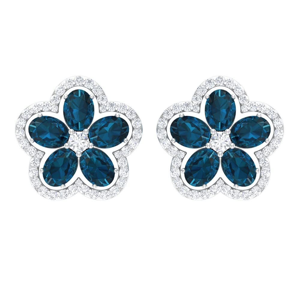 2.50 CT Oval Cut London Blue Topaz & Diamond Floral Stud Earrings in 14K Solid Gold - Perfect for Weddings, Anniversaries & Special Occasions