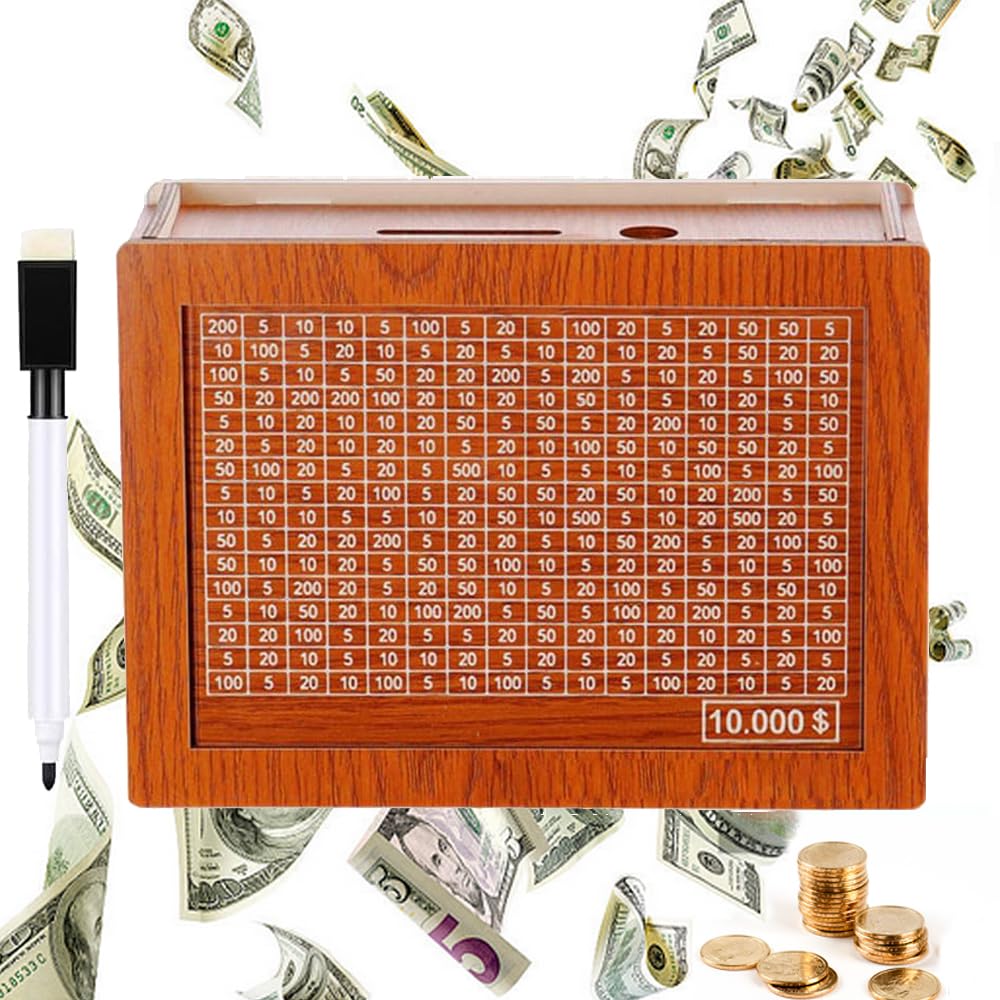 Wooden Cash Vault Savings Box - $10,000 Money Saving Challenge with Target Numbers - Piggy Bank for Adults & Kids - Perfect for Budgeting, Financial Goals, and Teaching Kids Money Management