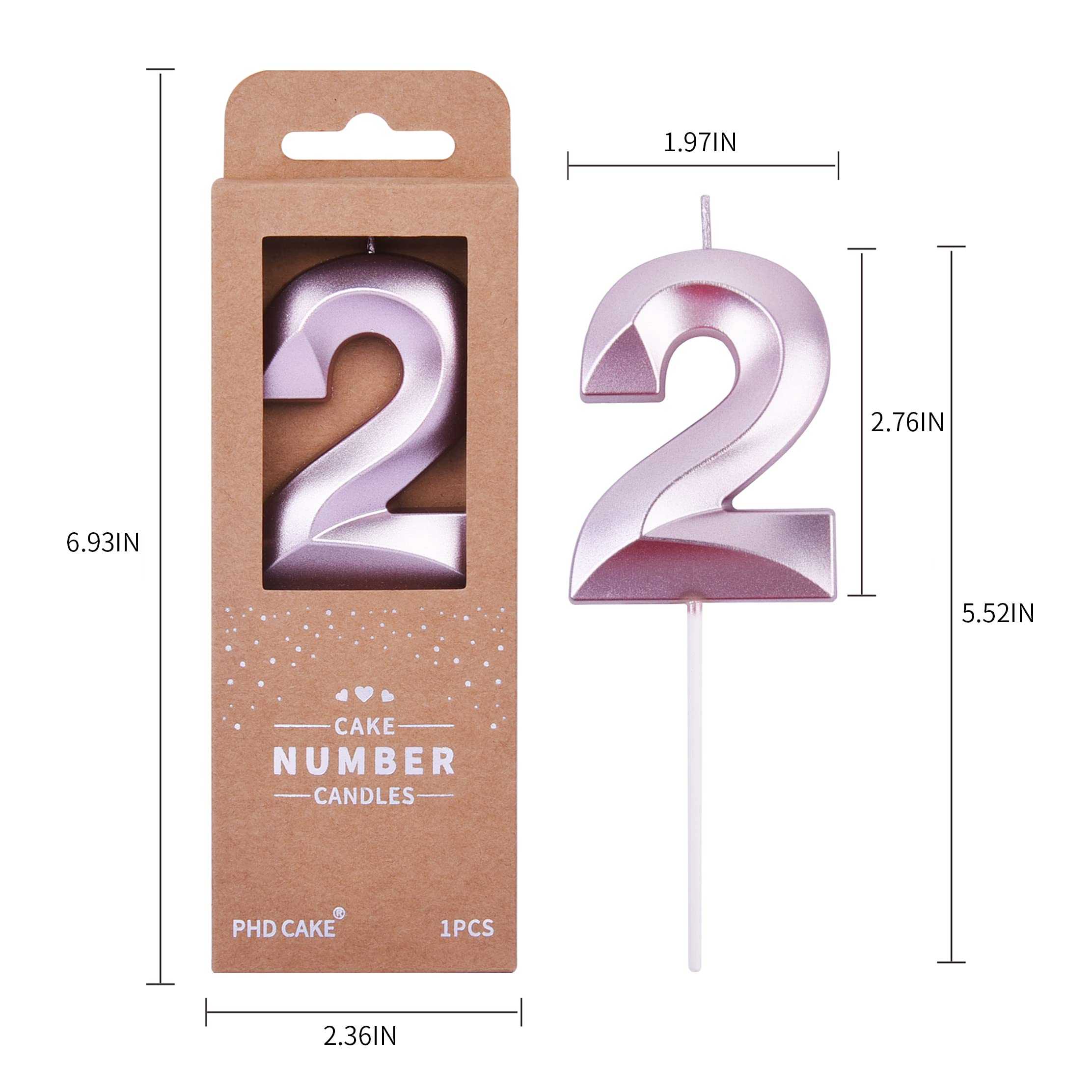 PHD CAKE 2.76 Inch Diamond Rose Gold Number 2 Birthday Candles - Elegant Rose Gold Cake Toppers for Birthday Parties, Weddings & Celebrations - Perfect for Cakes, Cupcakes and Dessert Decorations