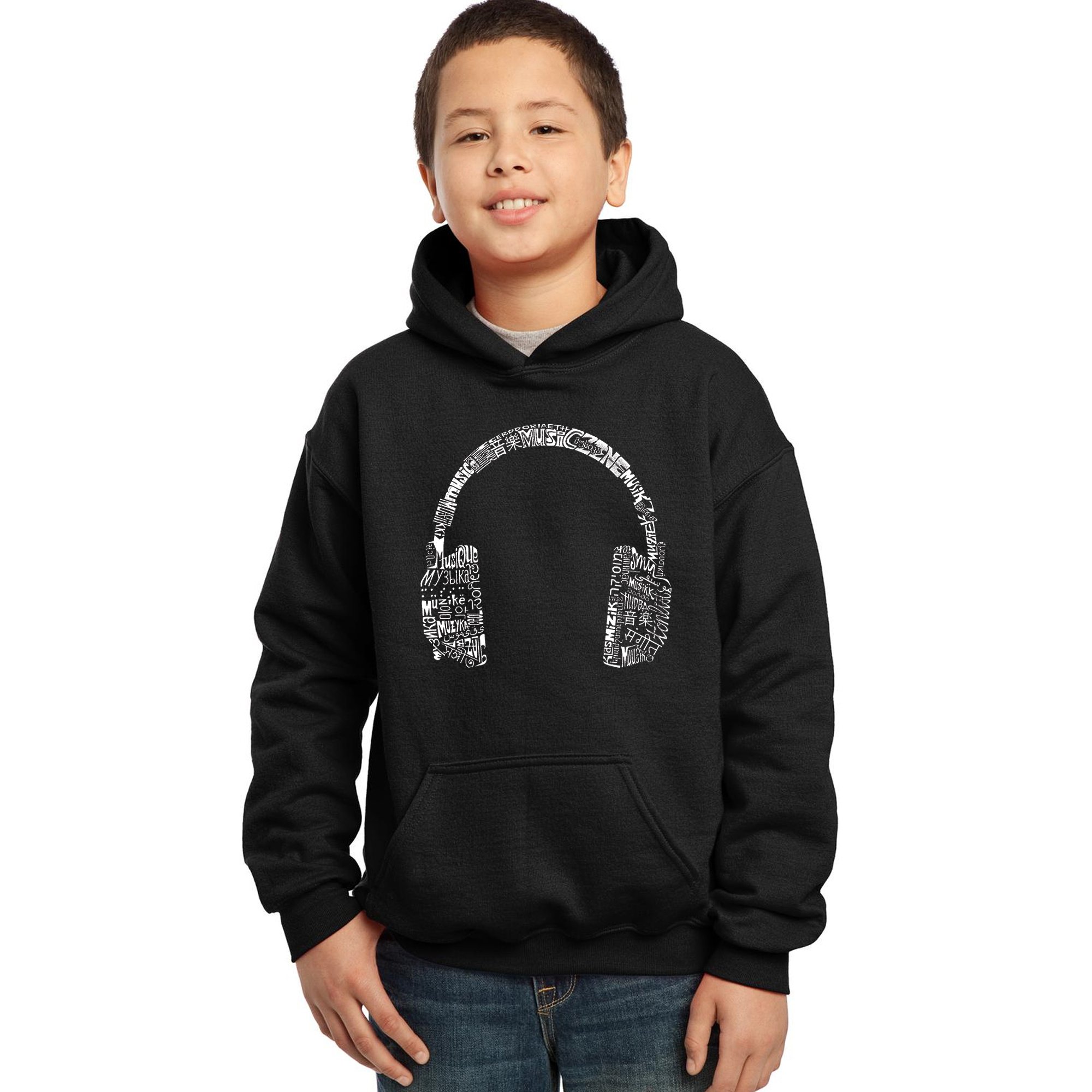 LA POP ART Boys' Word Art Hooded Sweatshirt - Trendy Headphones & Languages Design - Cool Graphic Pullover for Teens - Perfect for School, Streetwear & Music Lovers