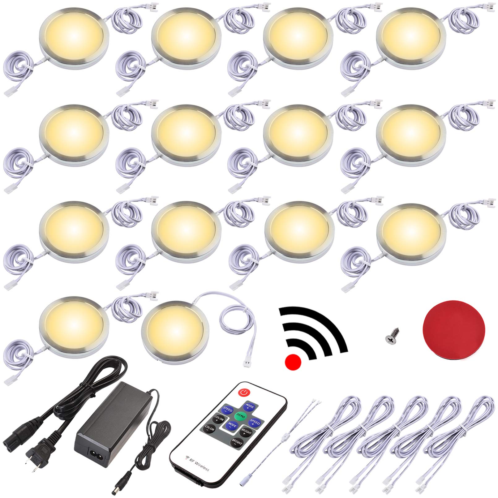 Dimmable Under Cabinet LED Lighting Kit with Wireless RF Remote - Linkable Wired Puck Lights (14 or 6 Lights, Warm White) - Hardwired or Plug-in (AC120V to DC12V) for Kitchen, Bar, Closet & Display Cabinet Lighting