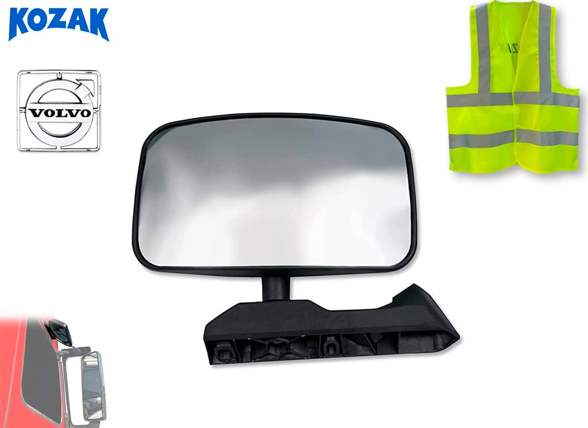 KOZAK Convex Mirror Right Passenger Side Compatible with Volvo VNL Trucks 2005 & Newer - Heavy Duty Truck Accessories with PLUS Logo Emblem & Safety Vest - Perfect for Improved Visibility & Blind Spot Safety While Driving