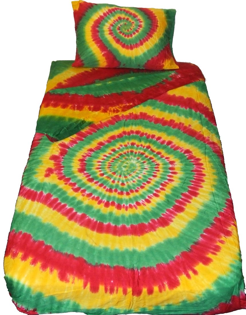 Vibrant Rasta Spiral Cotton Tie-Dye Bed Sheets Set - Full Rainbow Colors for Bohemian & Hippie Style Bedroom Decor - Perfect for Dorm, Home, or Festival Use