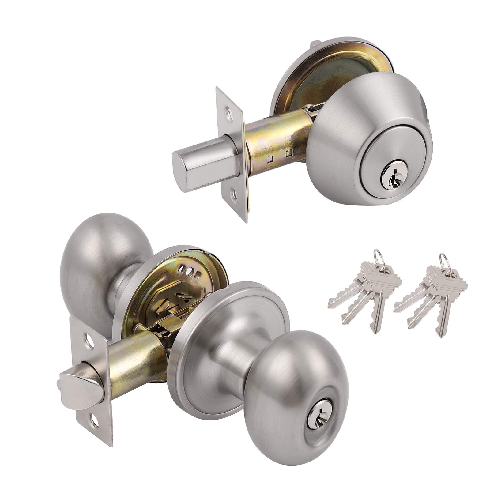 Probrico Satin Nickel Front Entry Door Handleset with Oval Egg Knob & Single Cylinder Deadbolt - Keyed Alike Interior/Exterior Door Lock Set (6 Keys Included) - Perfect for Home, Office & Apartment Security