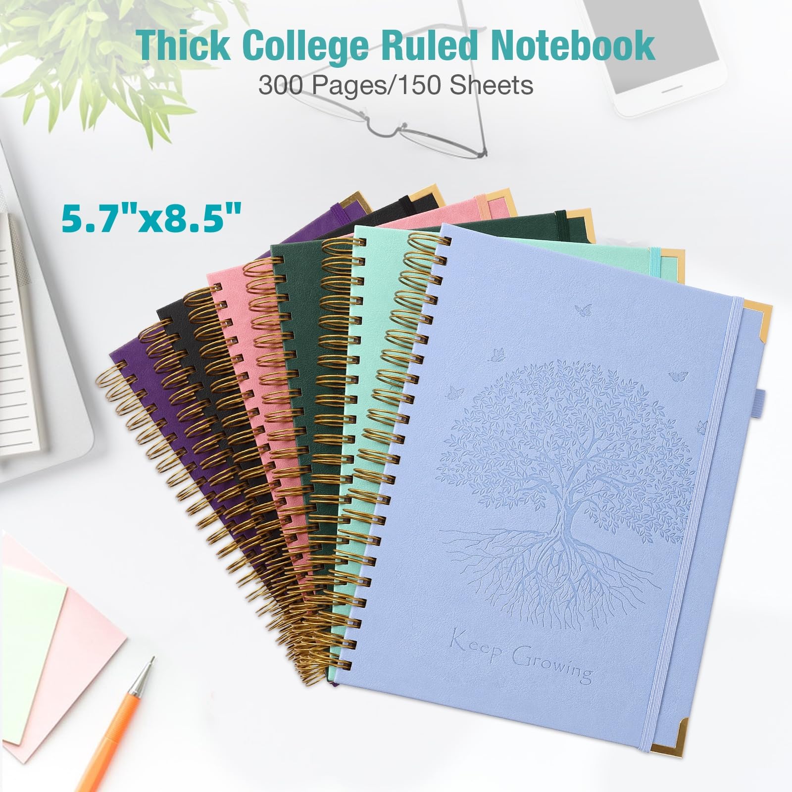 Premium Spiral Notebook - A5 College Ruled 300 Pages Leather Journal for Writing, 5.7